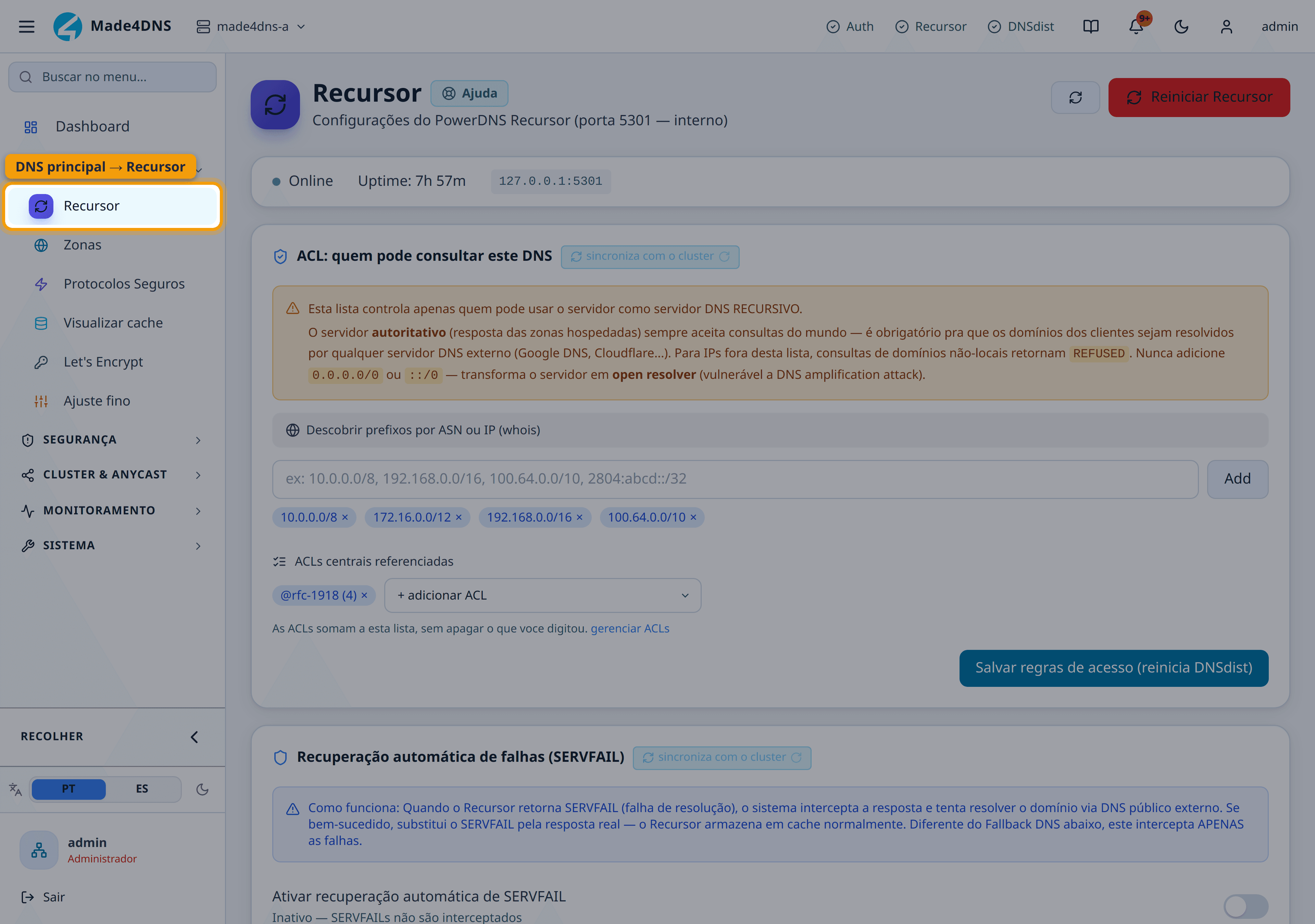 Abrir DNS principal → Recursor