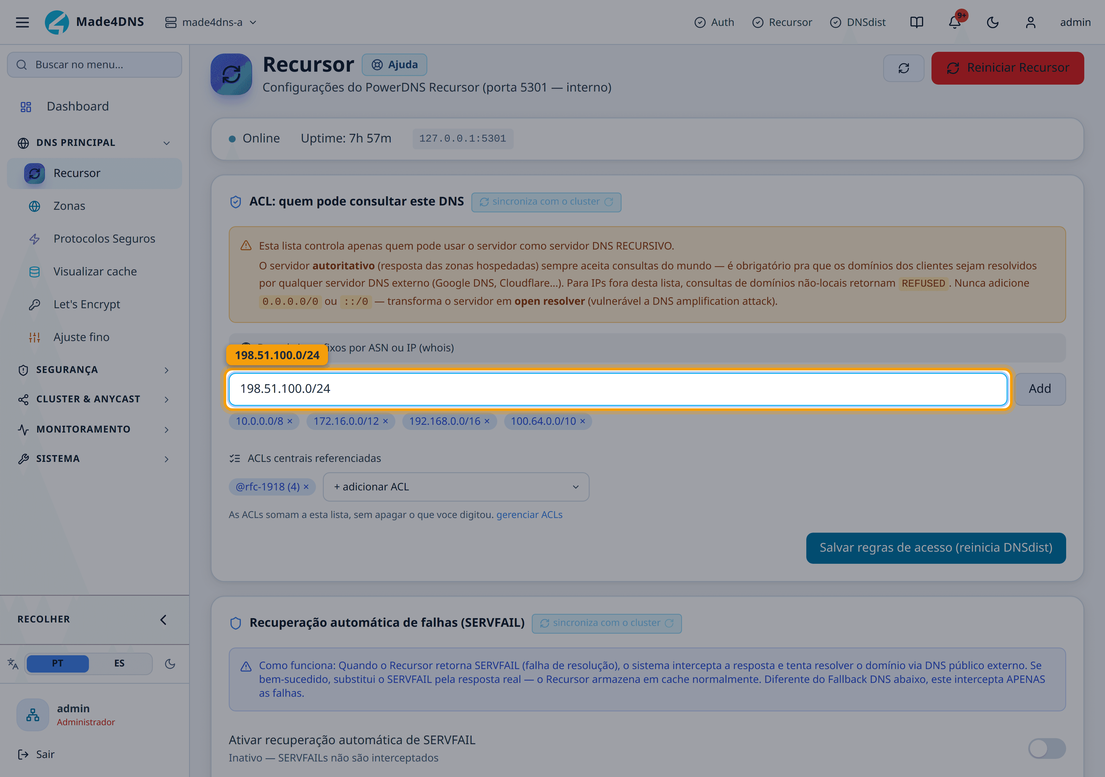 Digitar a faixa em CIDR