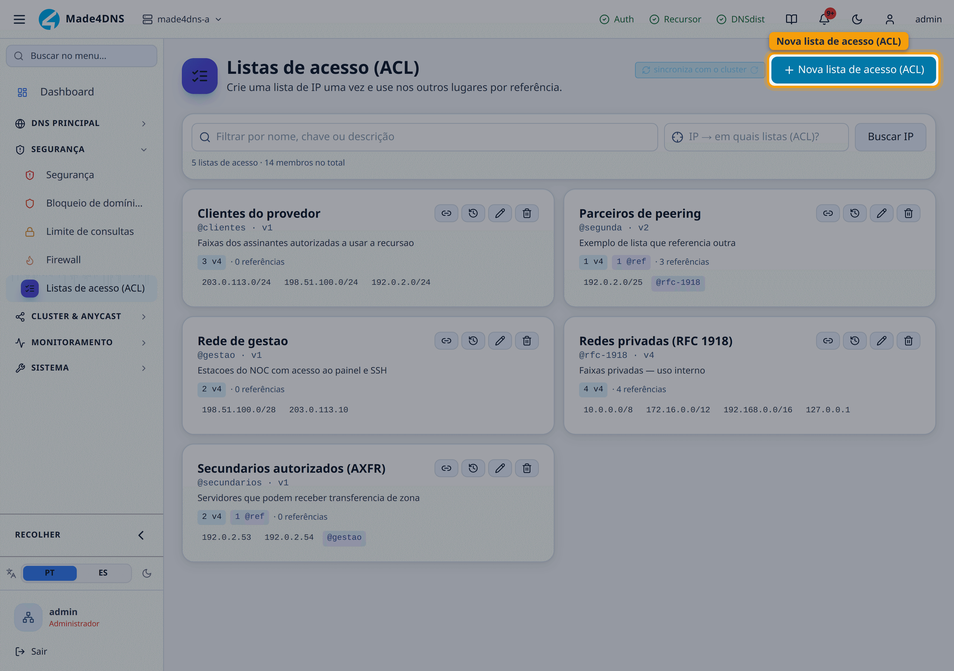 Segurança → Listas de acesso