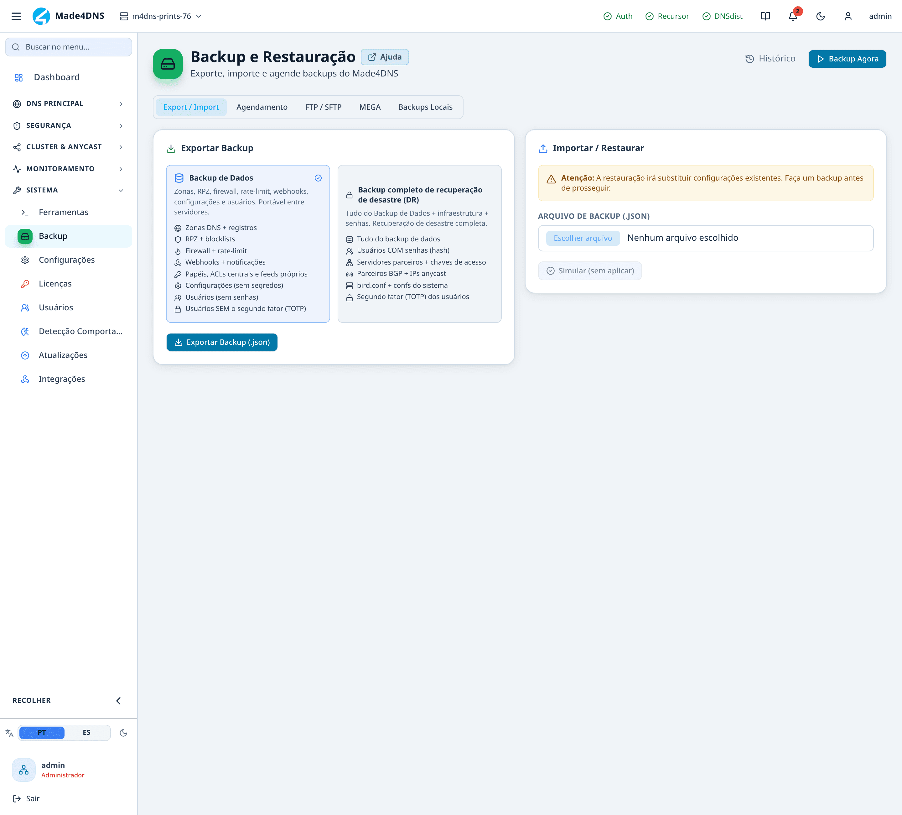 Sistema → Backup