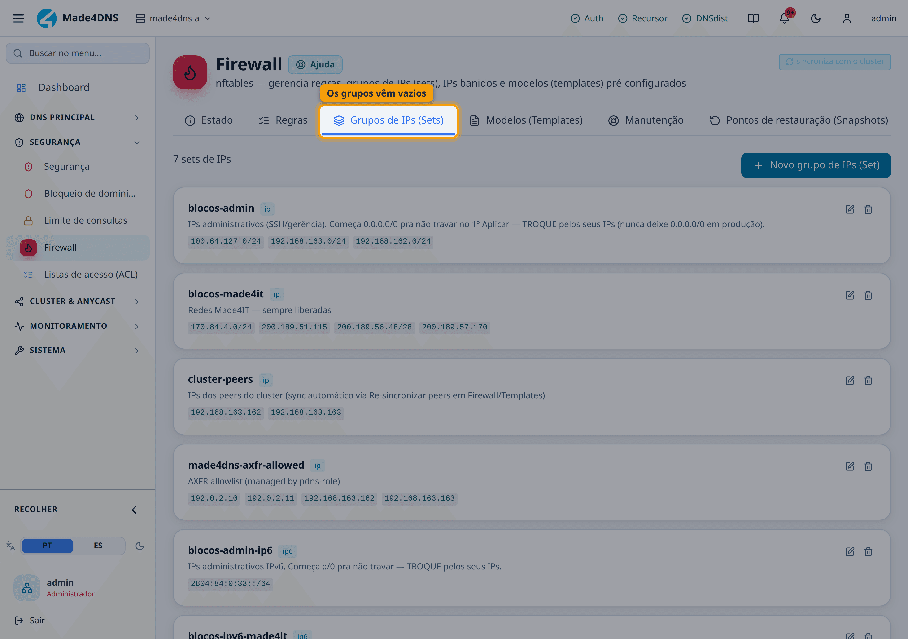 Preencher os grupos de IPs