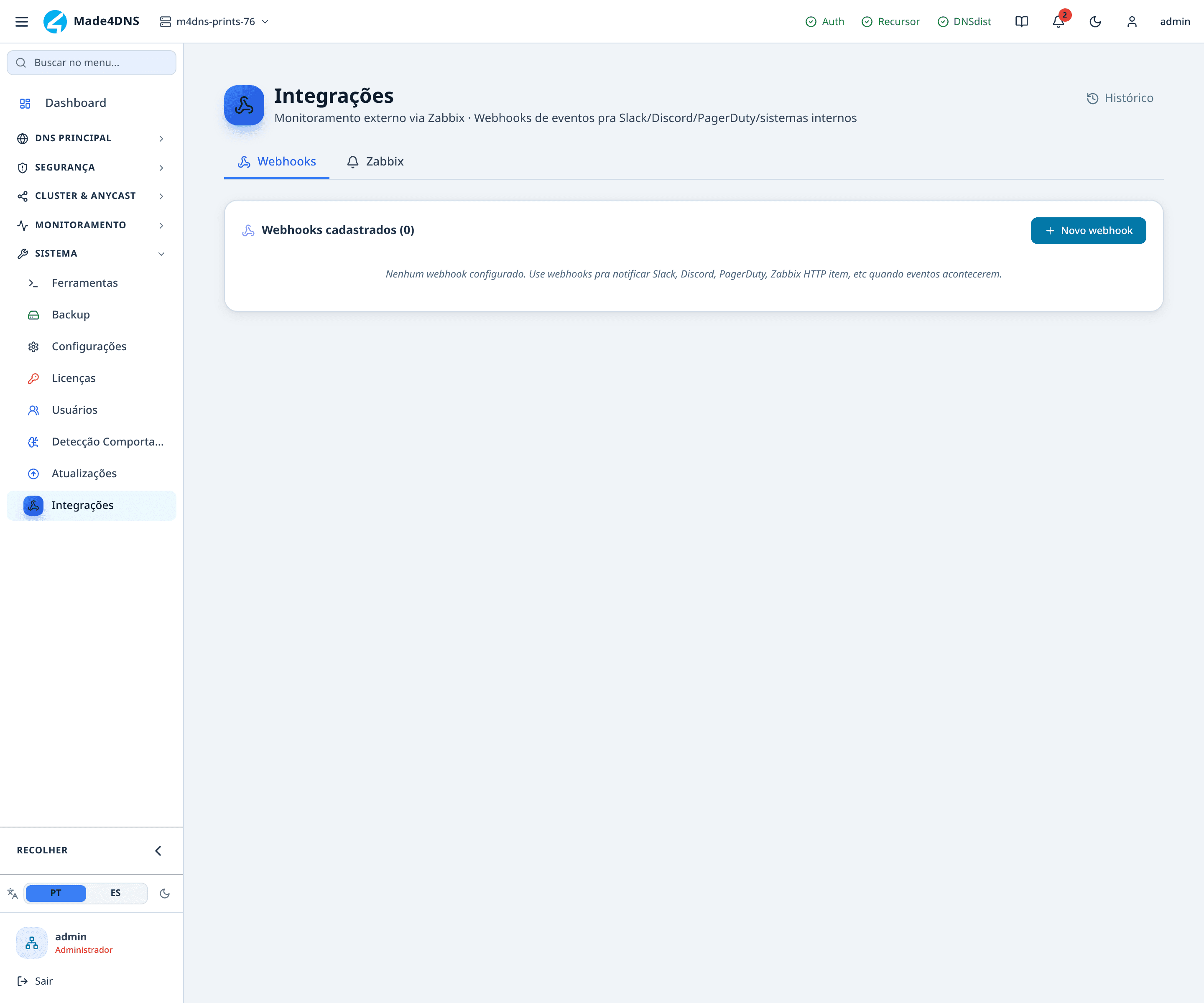 Sistema → Integrações, aba Webhooks