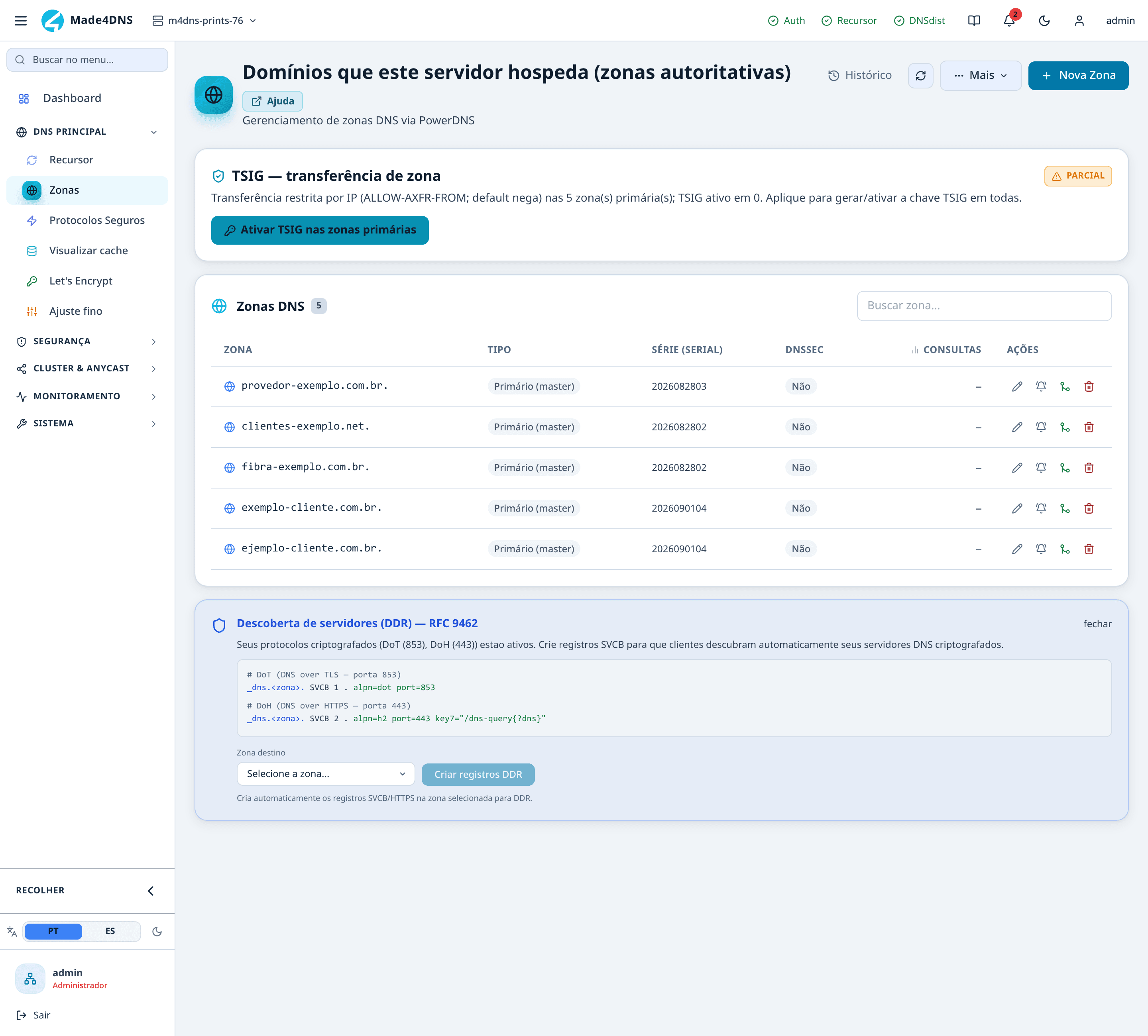 DNS principal → Zonas, menu Mais