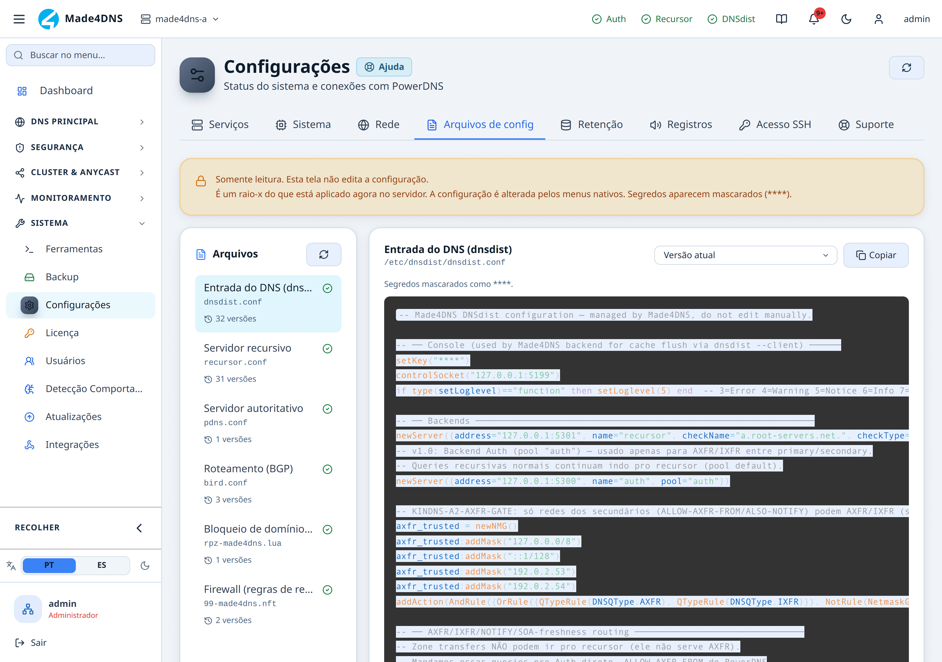 Aba Arquivos de config mostrando o conteúdo aplicado do dnsdist.conf com o segredo mascarado