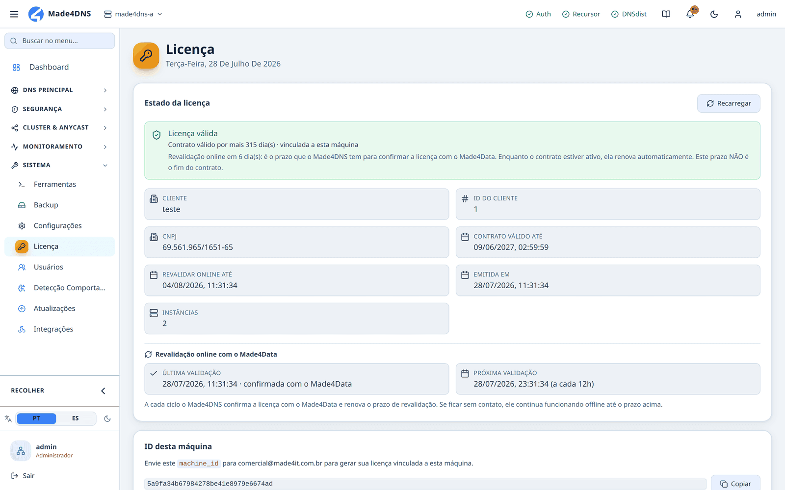 Tela de Licença mostrando estado válido, machine_id e data de validade