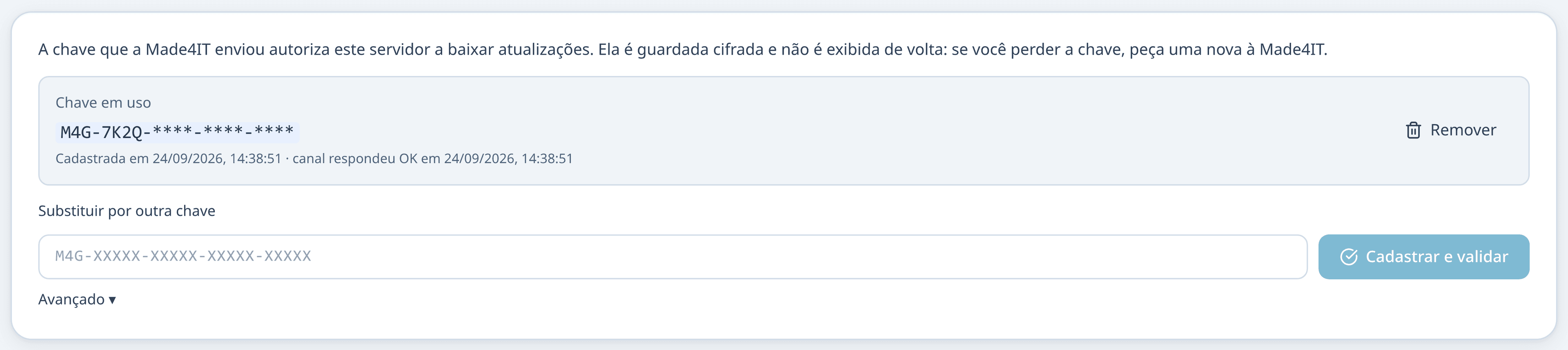 Bloco Chave de atualização da tela Licença, com a chave já cadastrada e mascarada e o botão Remover