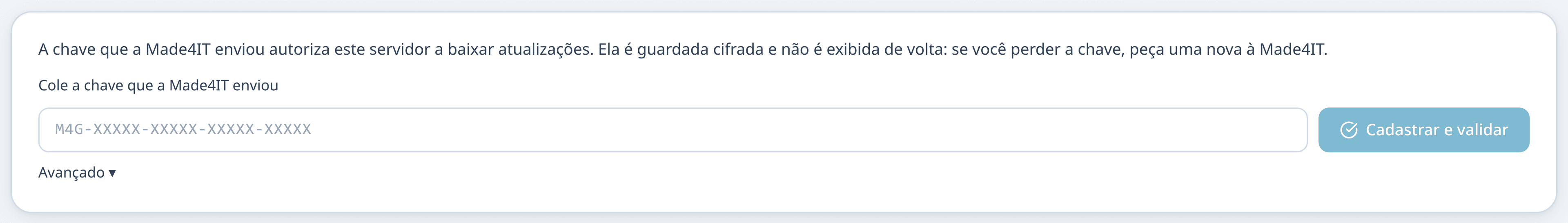 Bloco Chave de atualização ainda sem chave, com o campo para colar a chave e o botão Cadastrar e validar