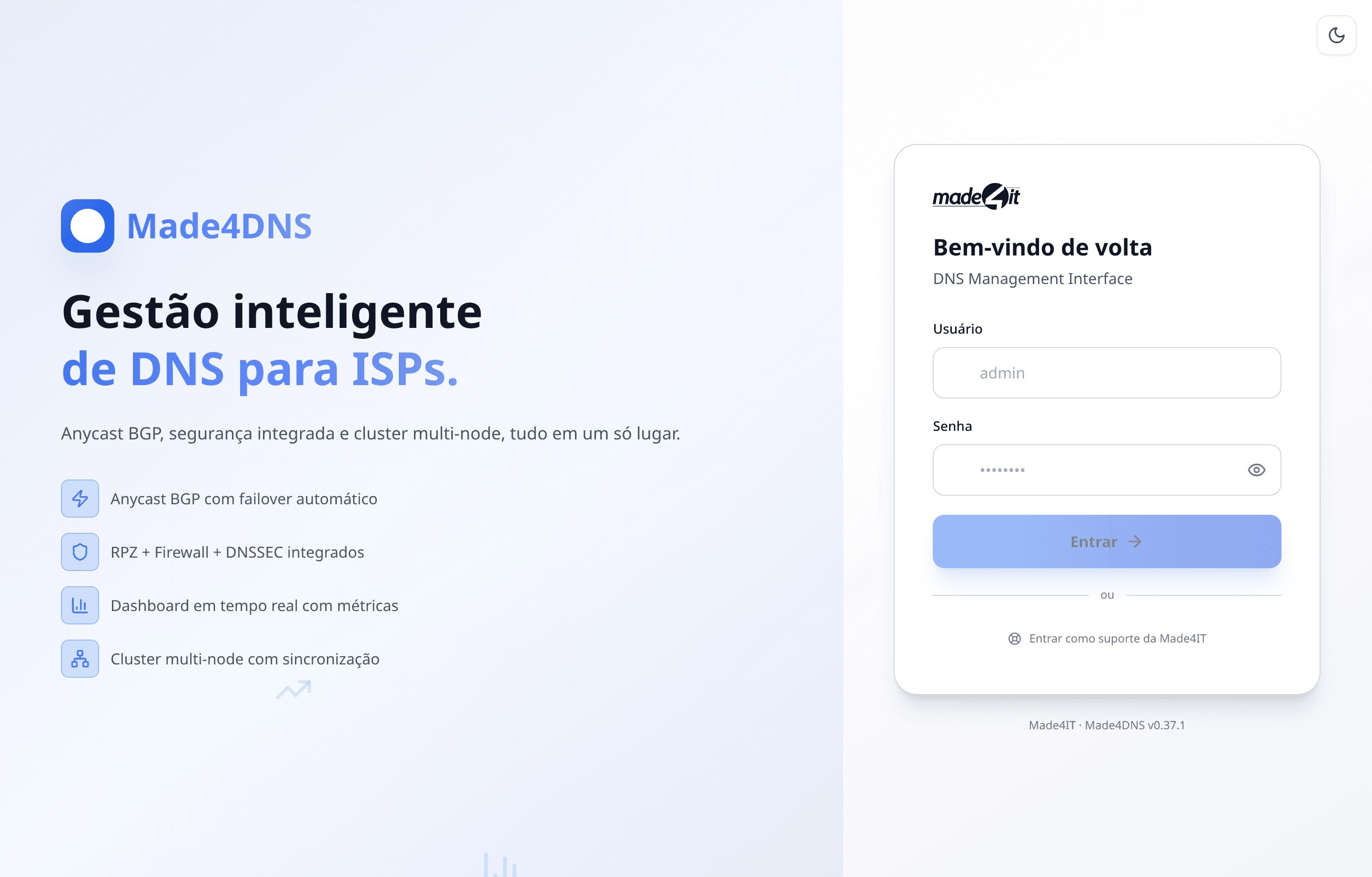 Tela de login com o botão Entrar como suporte da Made4IT abaixo do botão Entrar