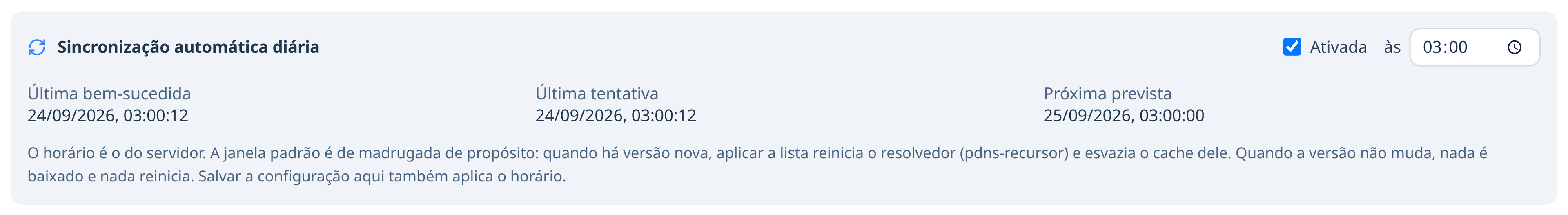 Cartão de sincronização automática diária do Made4BLOCK, com a última bem-sucedida, a última tentativa e a próxima prevista