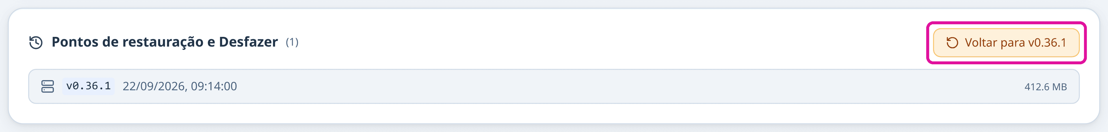 Cartão Pontos de restauração e Desfazer com uma moldura magenta em volta do botão Voltar para v0.36.1