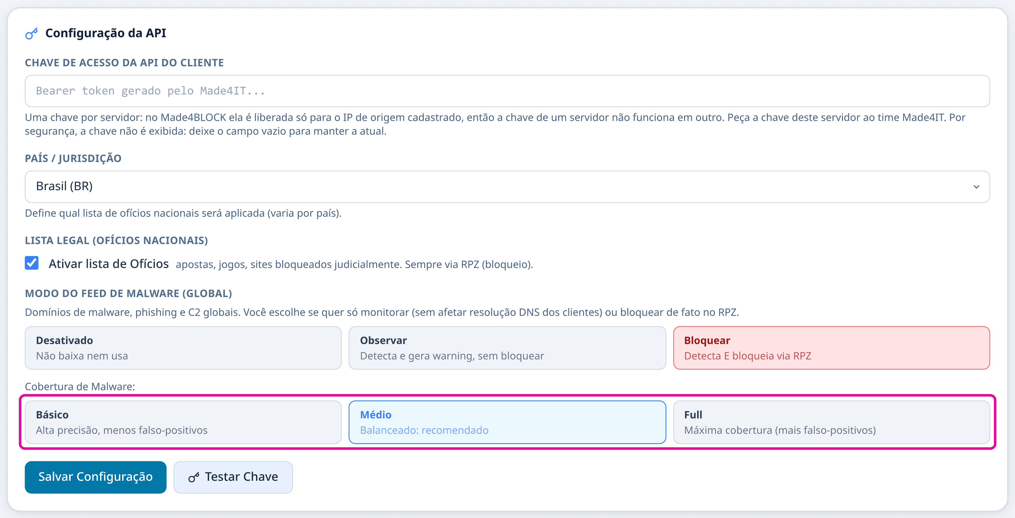 Configuração do Made4BLOCK com uma moldura magenta em volta do campo Cobertura de Malware, com os níveis Básico, Médio e Full