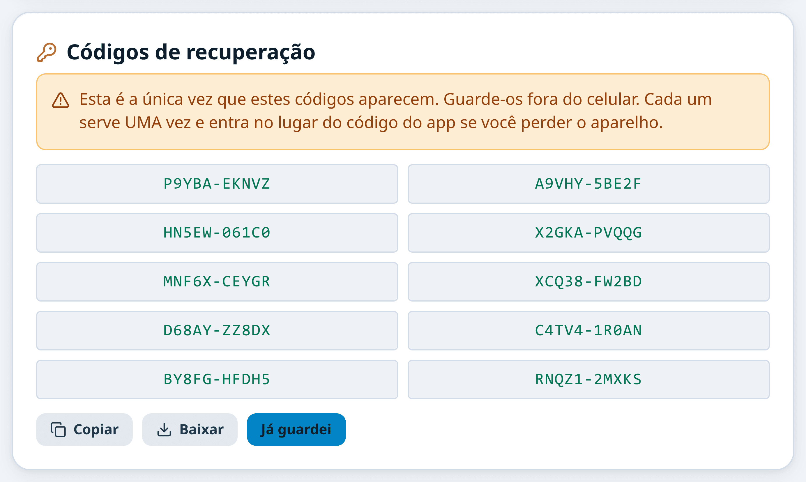 Tela dos dez códigos de recuperação, com o aviso de que aparecem uma única vez, e os botões Copiar, Baixar e Já guardei