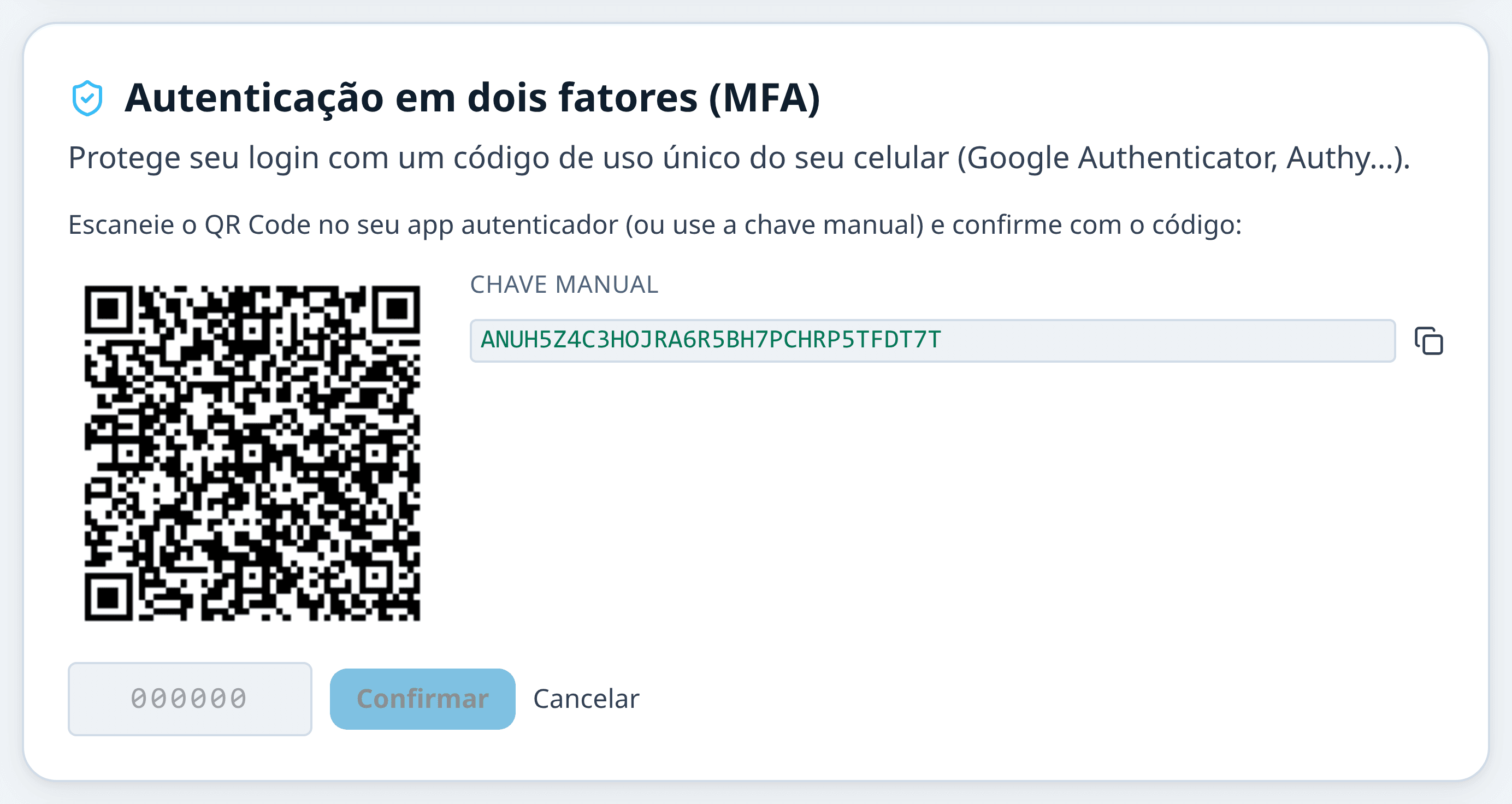Cartão de autenticação em dois fatores com o QR Code, a chave manual e o campo do código de confirmação