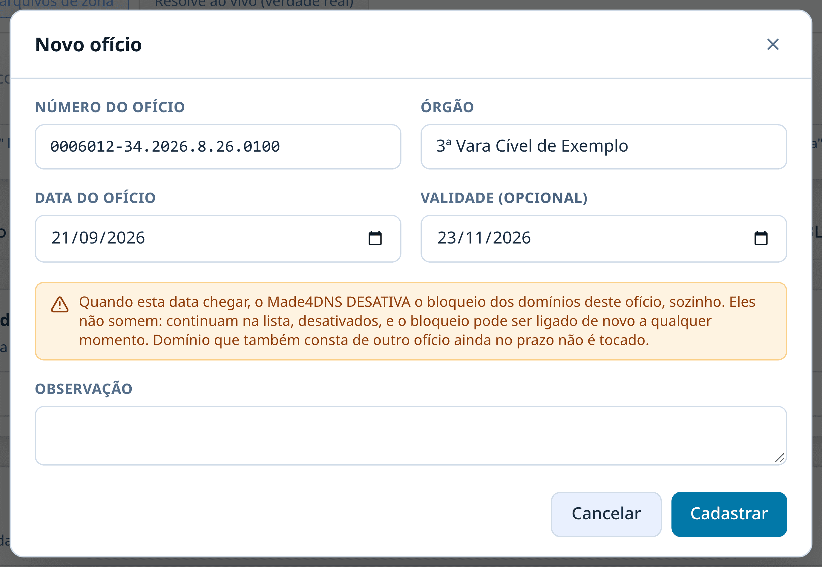 Janela Novo ofício, com número, órgão, data, validade opcional e observação