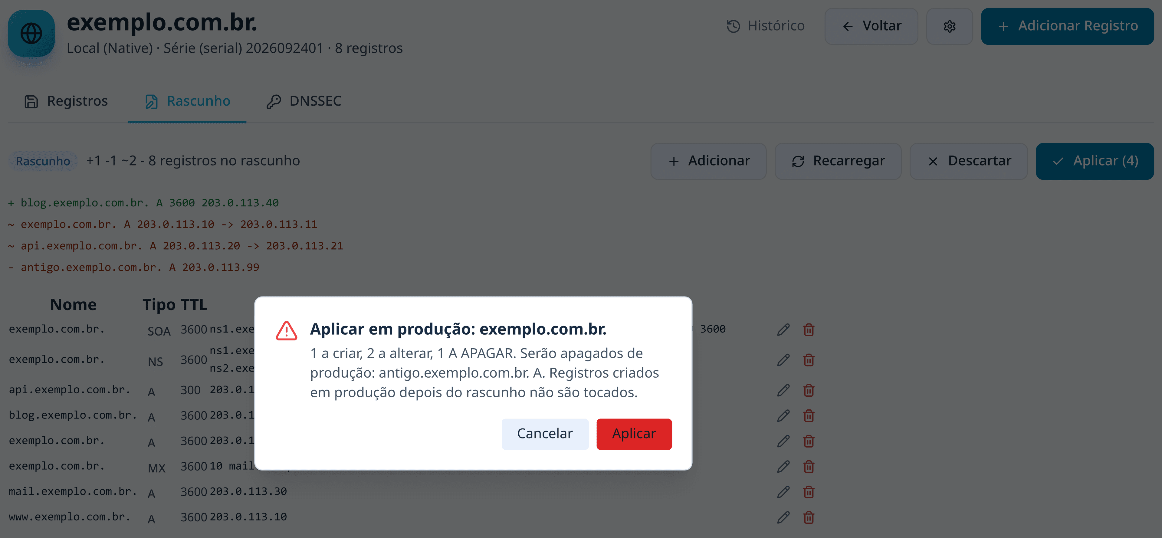 Confirmação Aplicar em produção com a contagem de registros criados, alterados e apagados