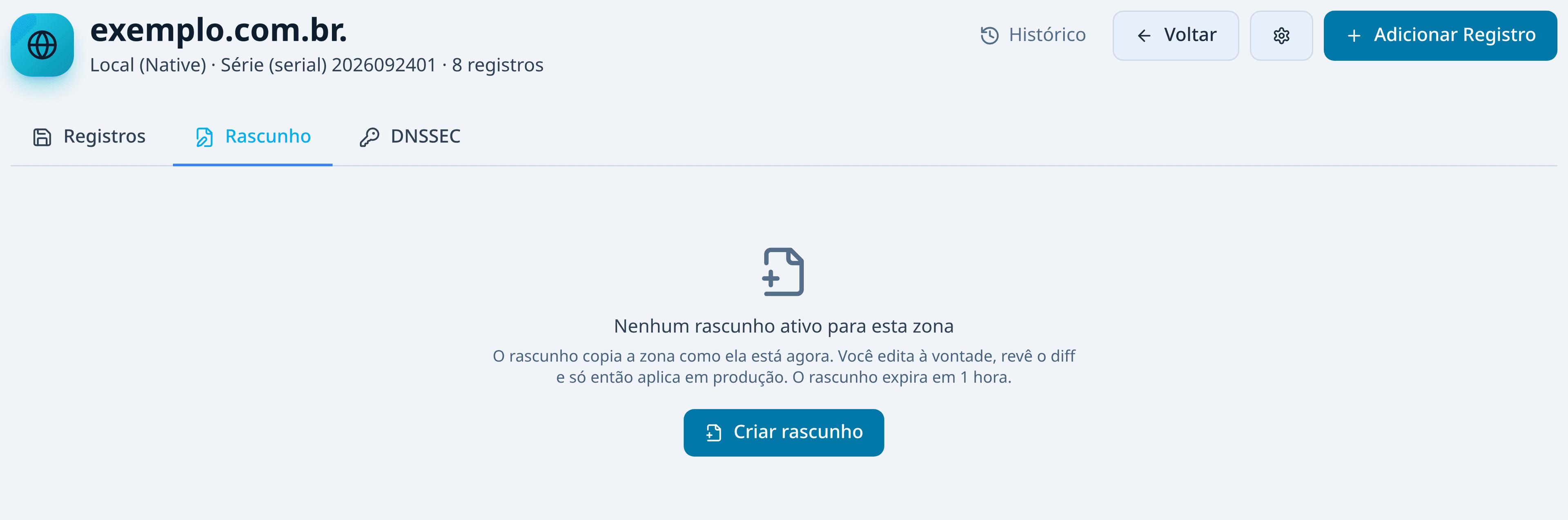 Aba Rascunho de uma zona sem rascunho ativo, com o botão Criar rascunho