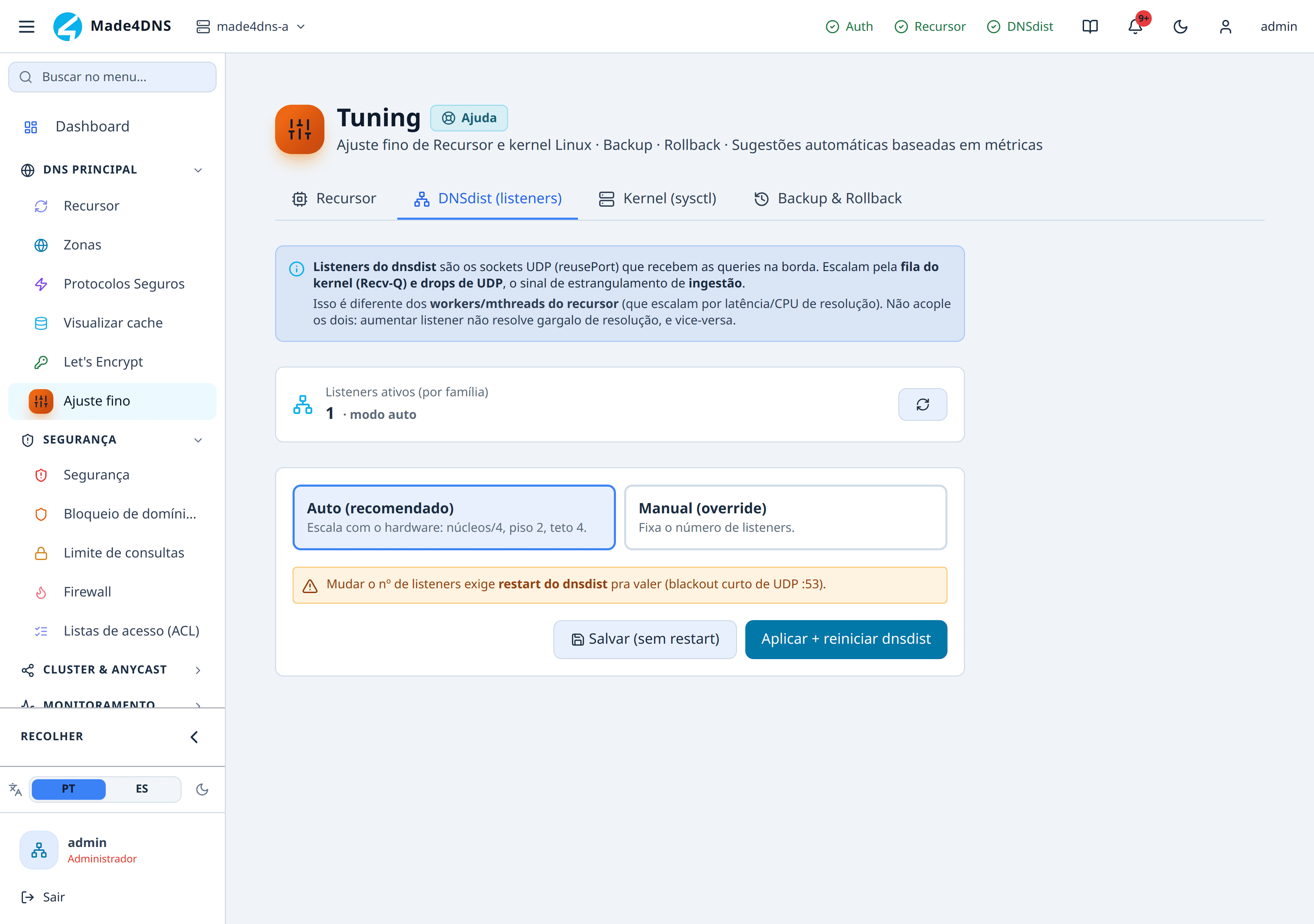 Aba de listeners, com o modo automático e o override manual