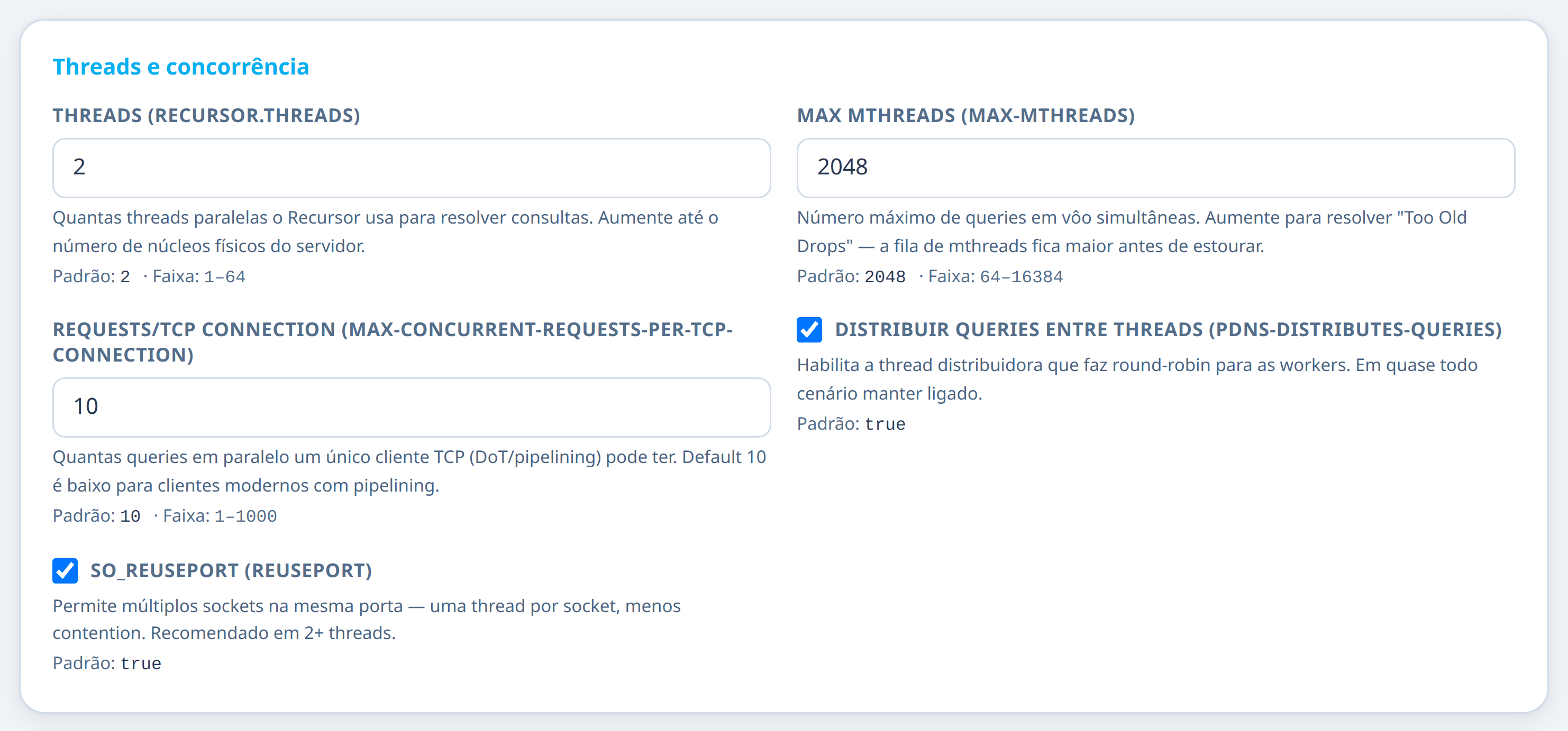Grupo de threads e concorrência, com os campos e seus valores padrão