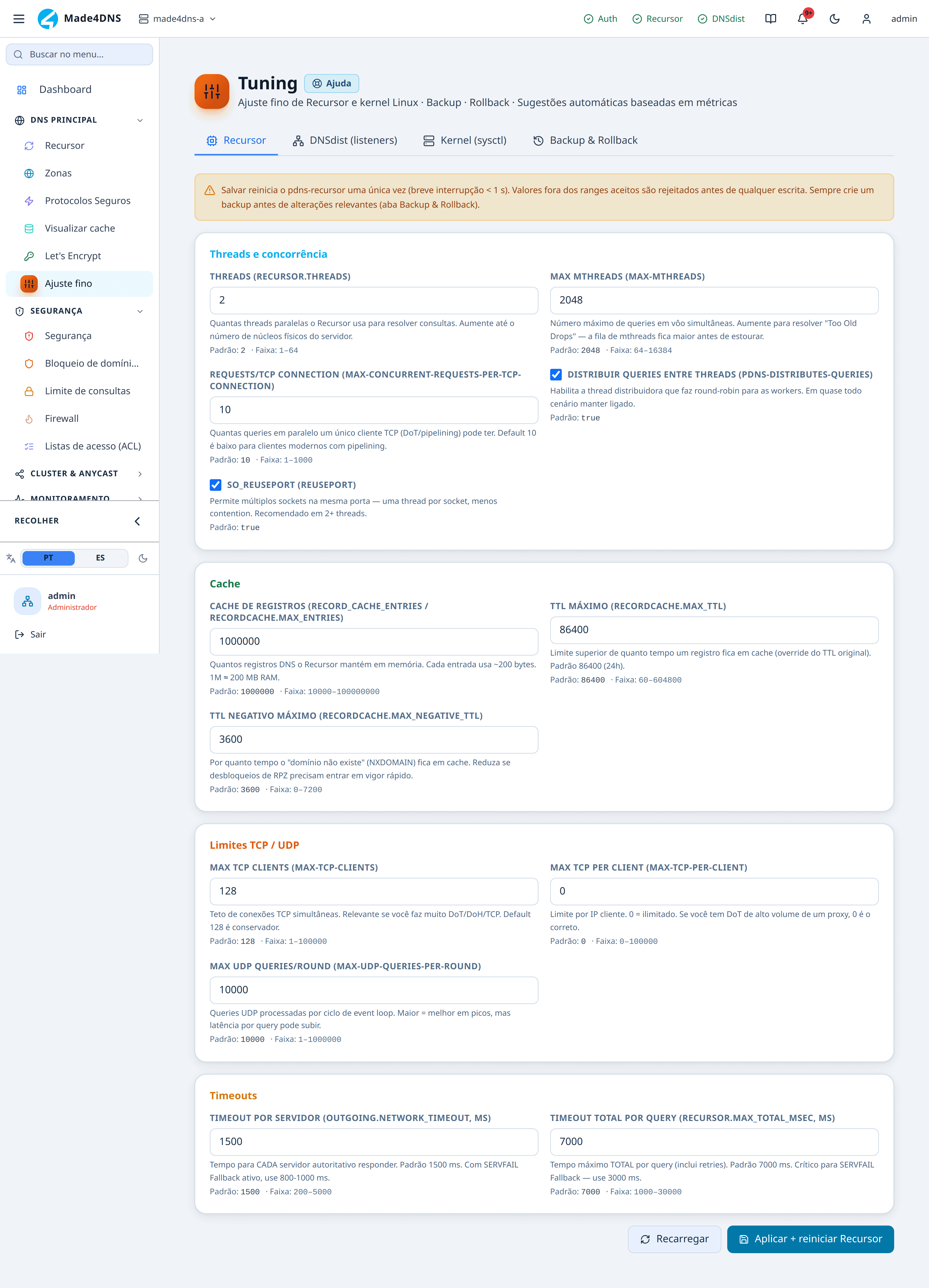 Aba Recursor do ajuste fino, com os grupos de threads, cache, limites e timeouts