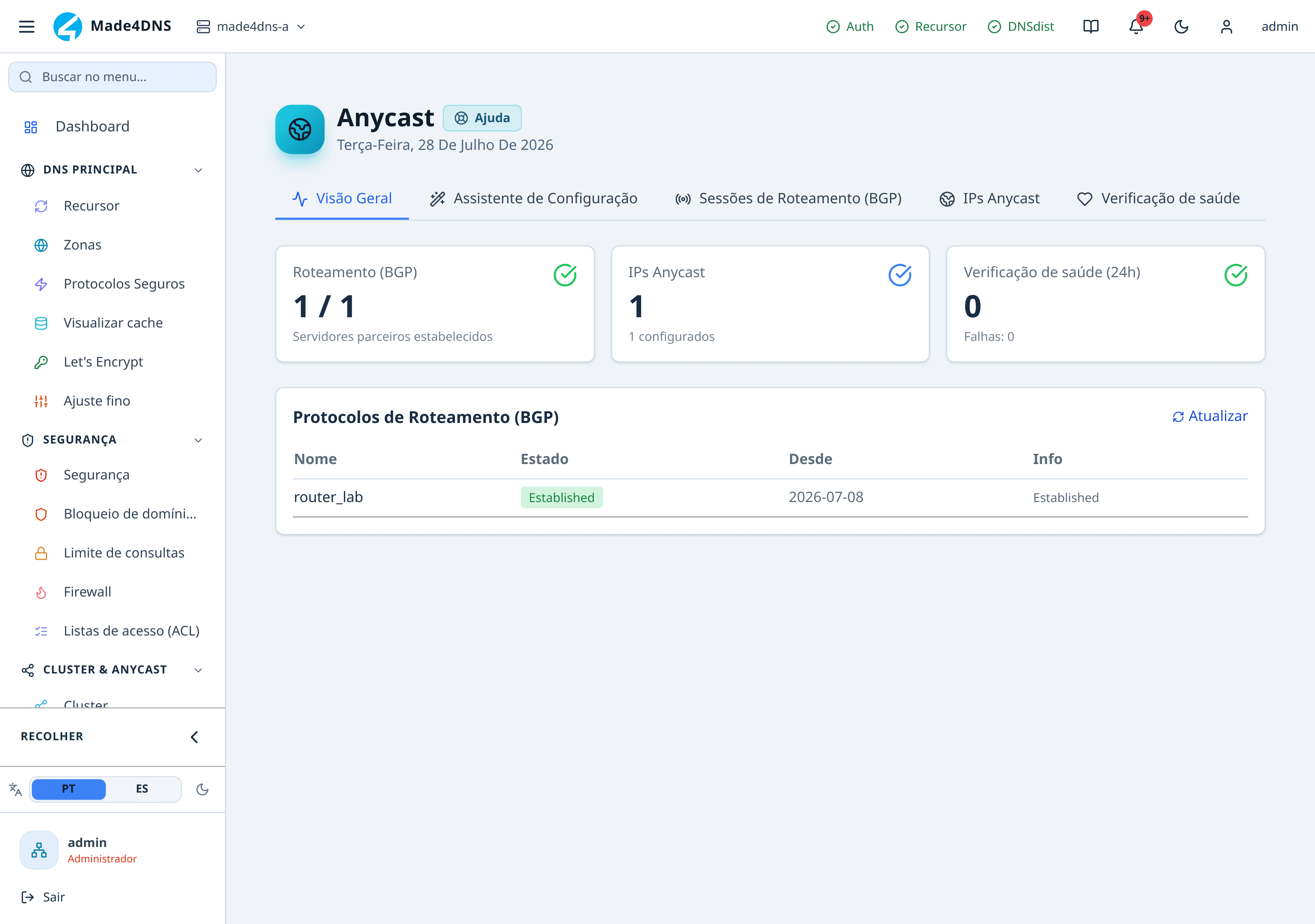 Tela de anycast na visão geral, com o estado das sessões de roteamento