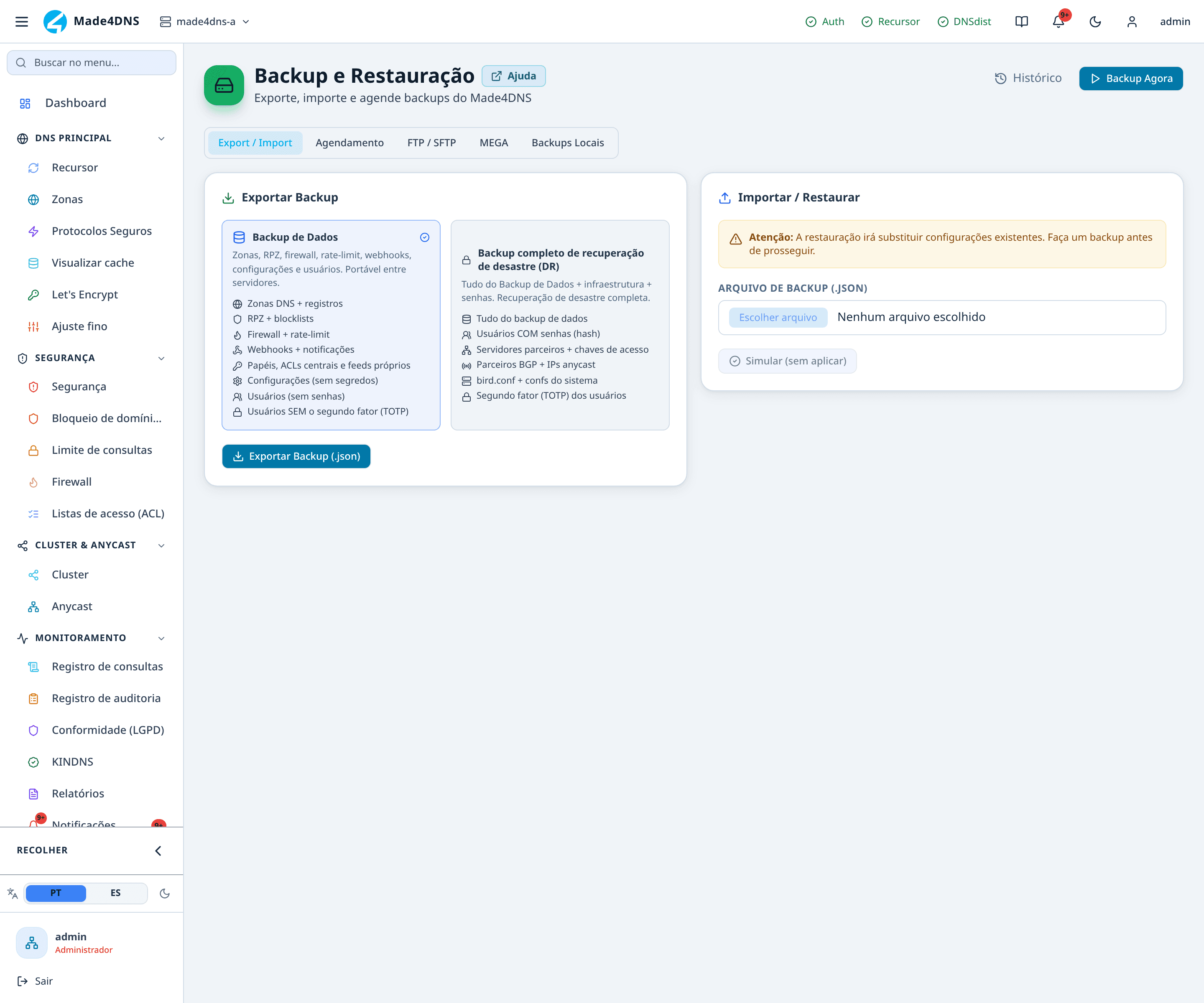 Tela de Backup com os dois modos de exportação e o que cada um leva