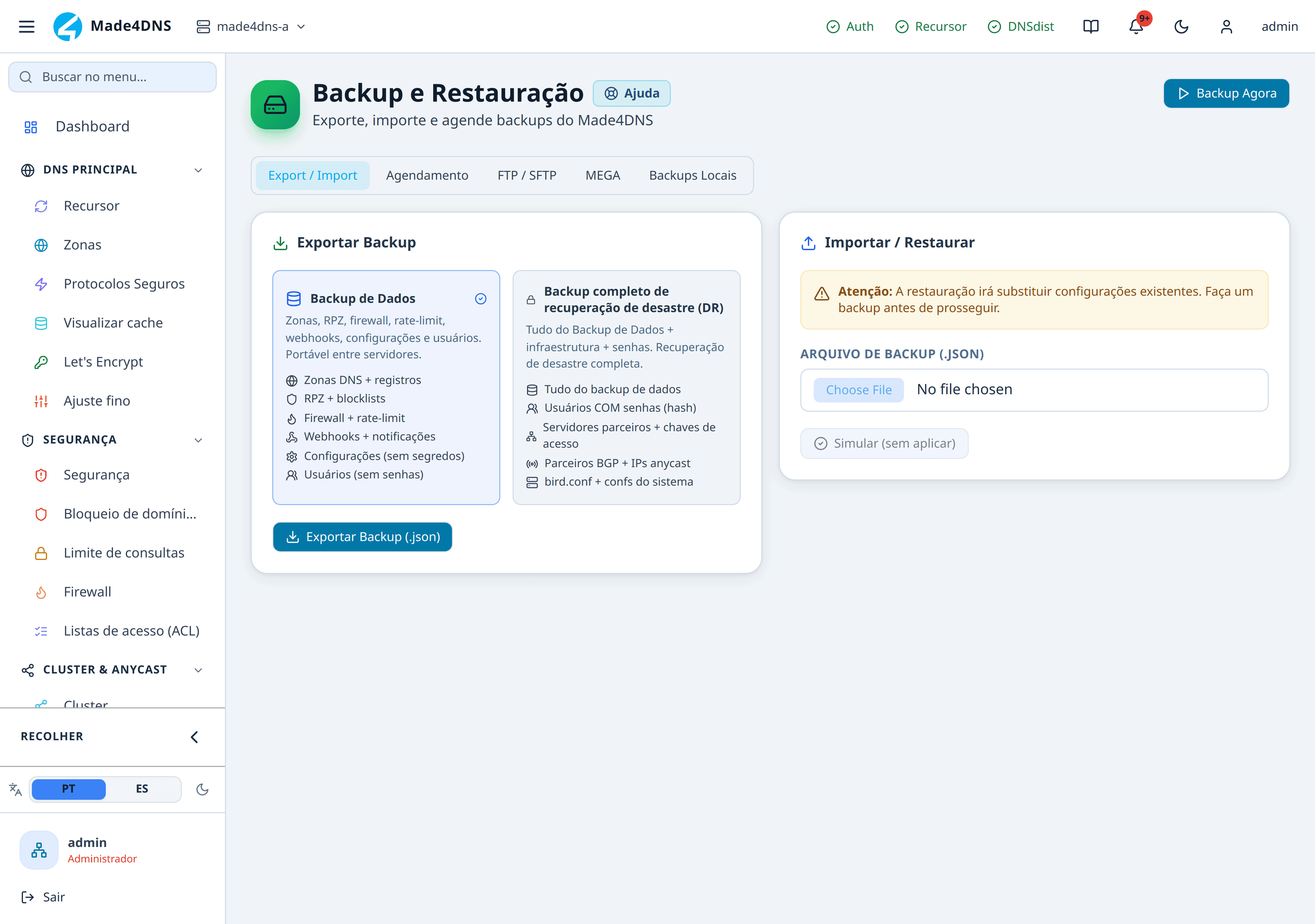 Tela de Backup na aba Export / Import, com os dois modos de exportação lado a lado