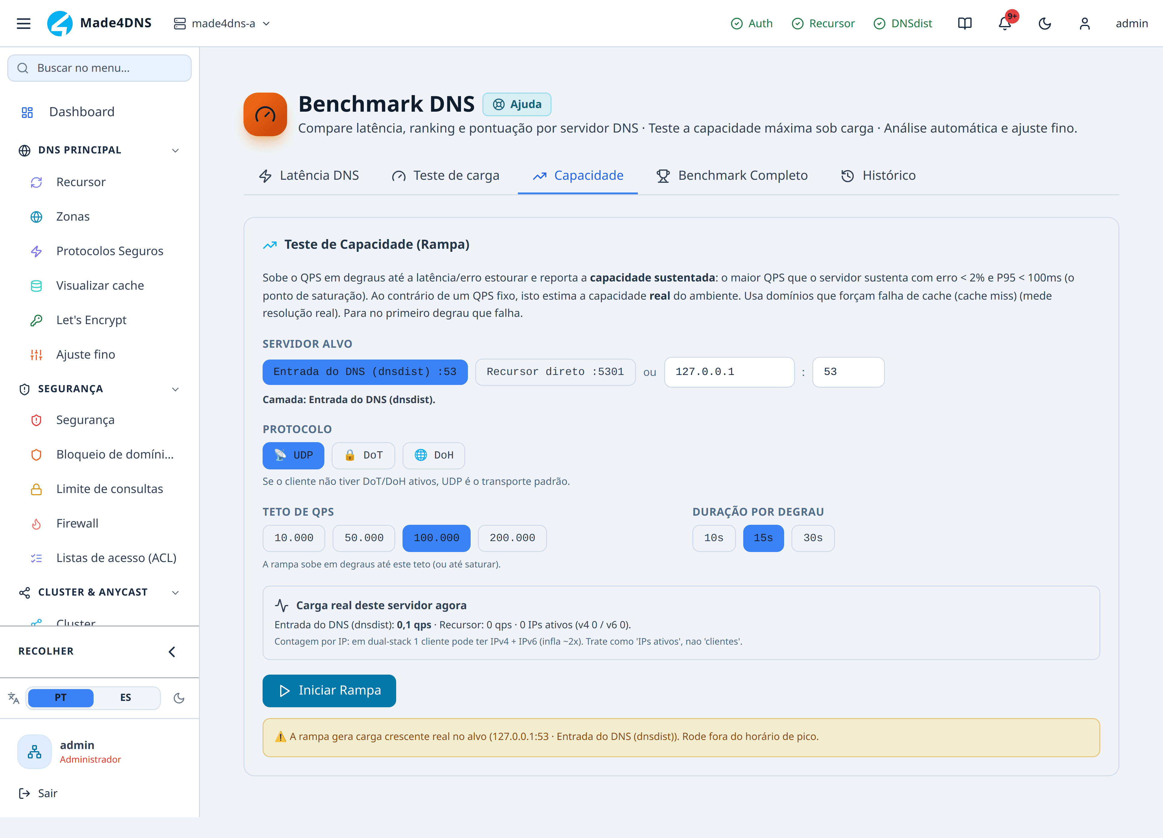Aba de capacidade com a configuração da rampa e a tabela de degraus