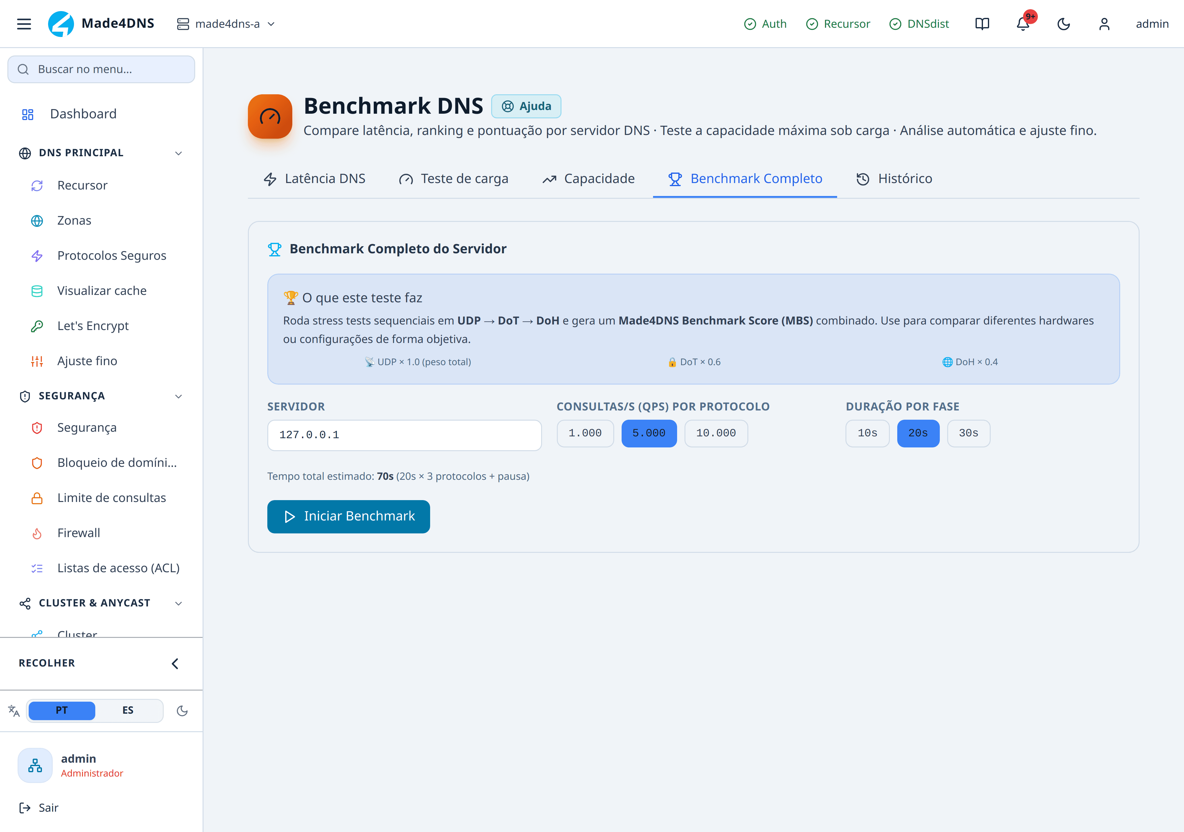 Aba de benchmark completo com a configuração das três fases