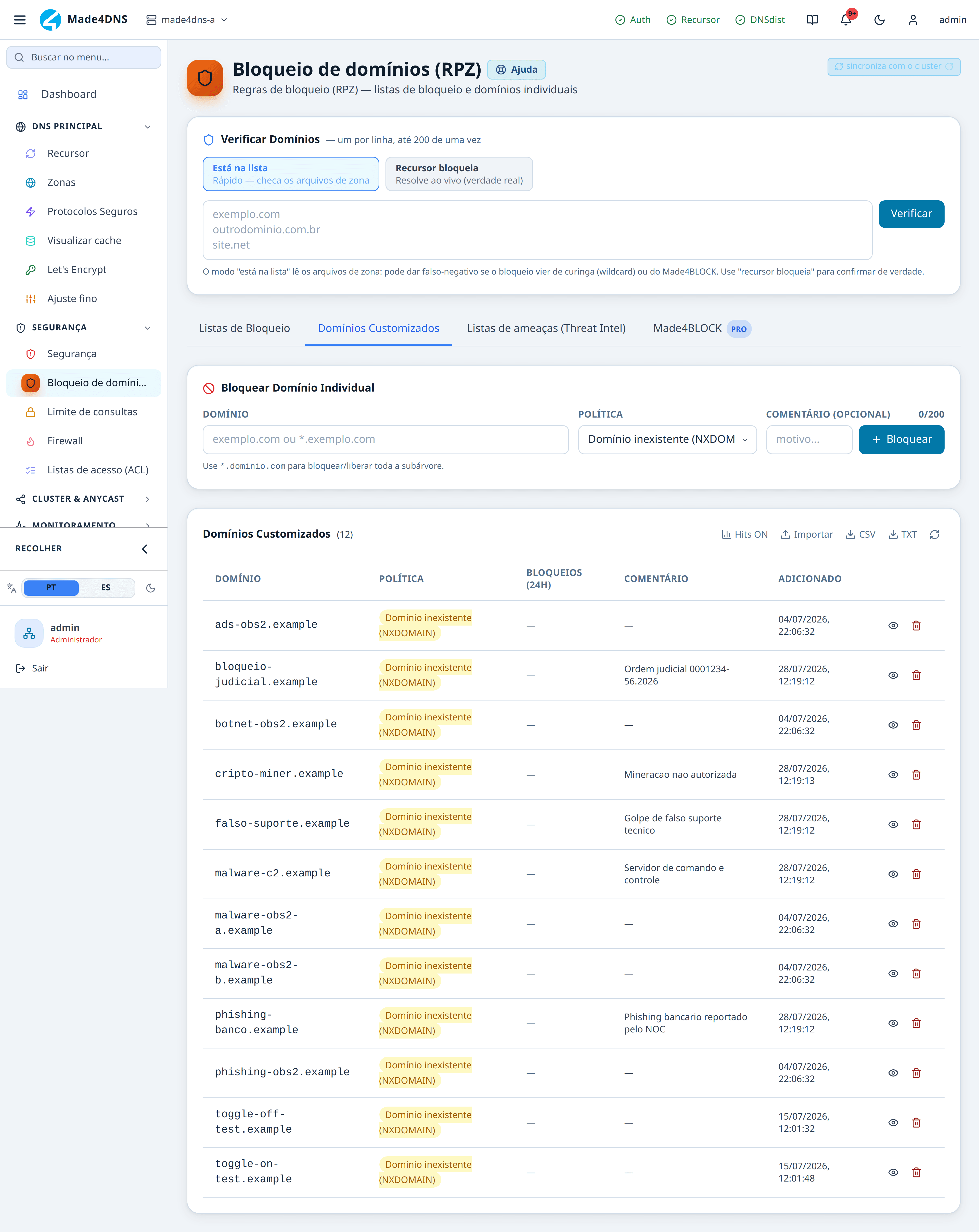 Tela de bloqueio de domínios na aba de domínios customizados, com a lista e os motivos