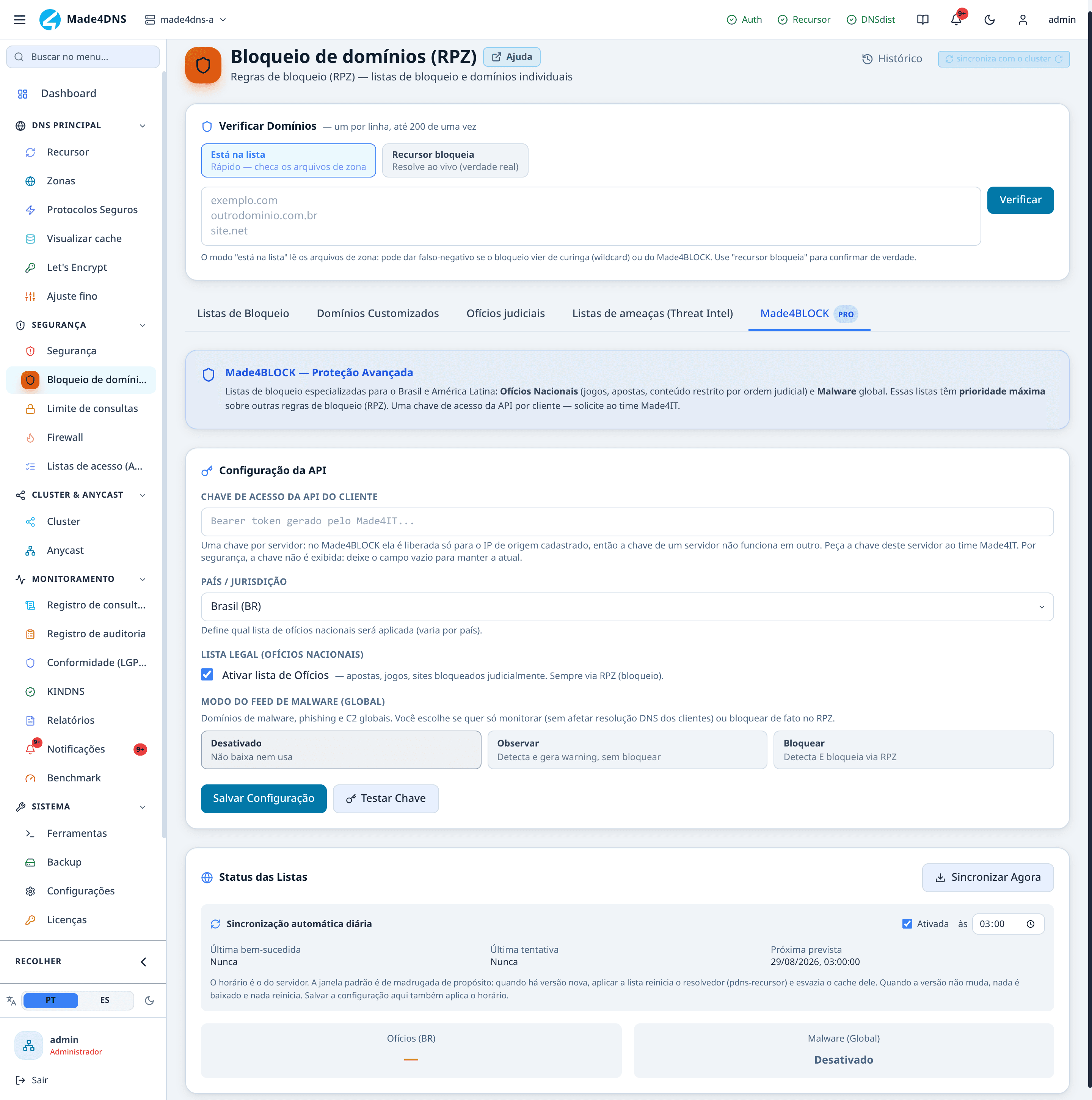 Aba Made4BLOCK com a configuração da API, o modo do feed de malware e a sincronização automática diária