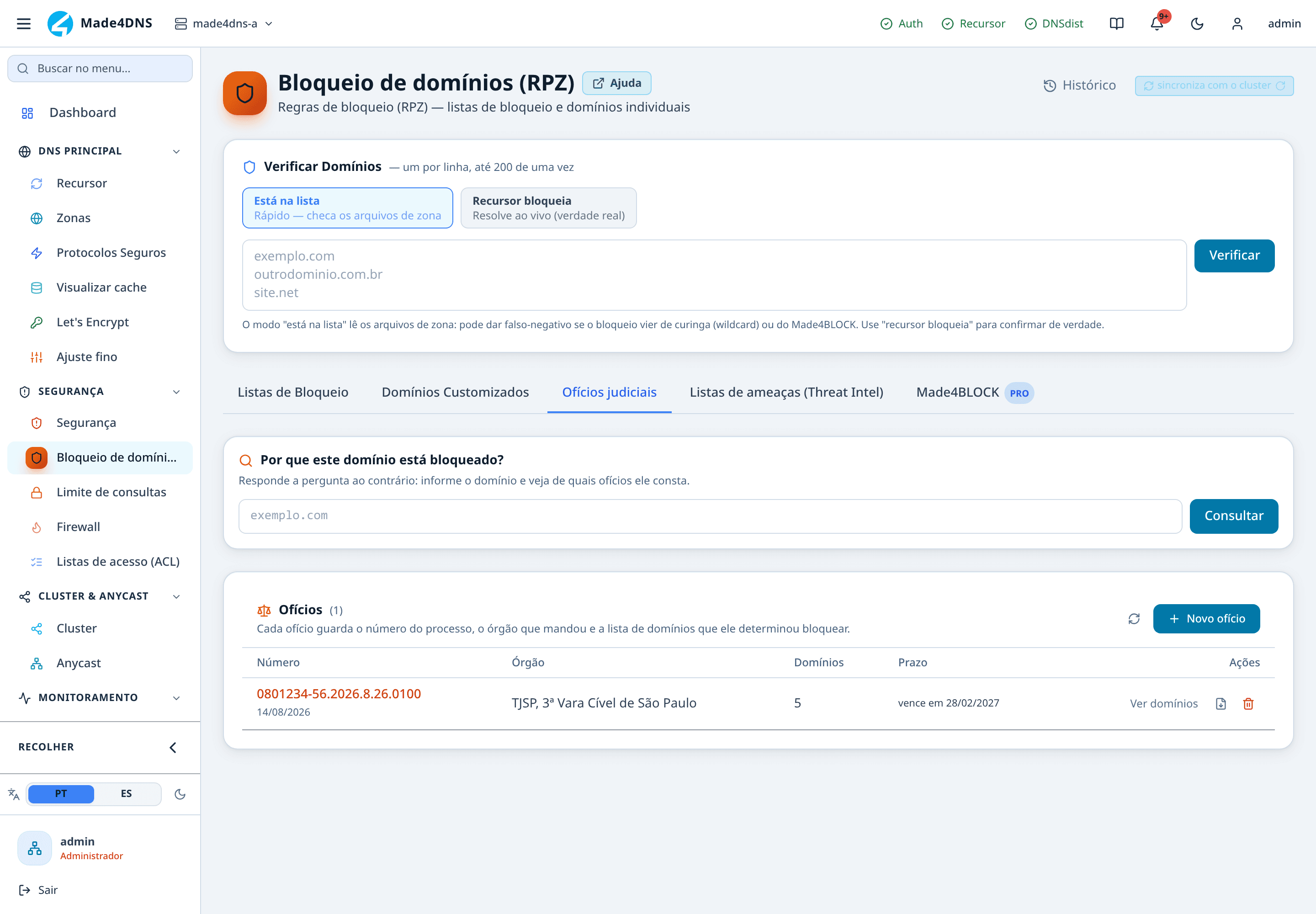 Aba de Ofícios judiciais, com o número do processo, o órgão, a quantidade de domínios e o prazo