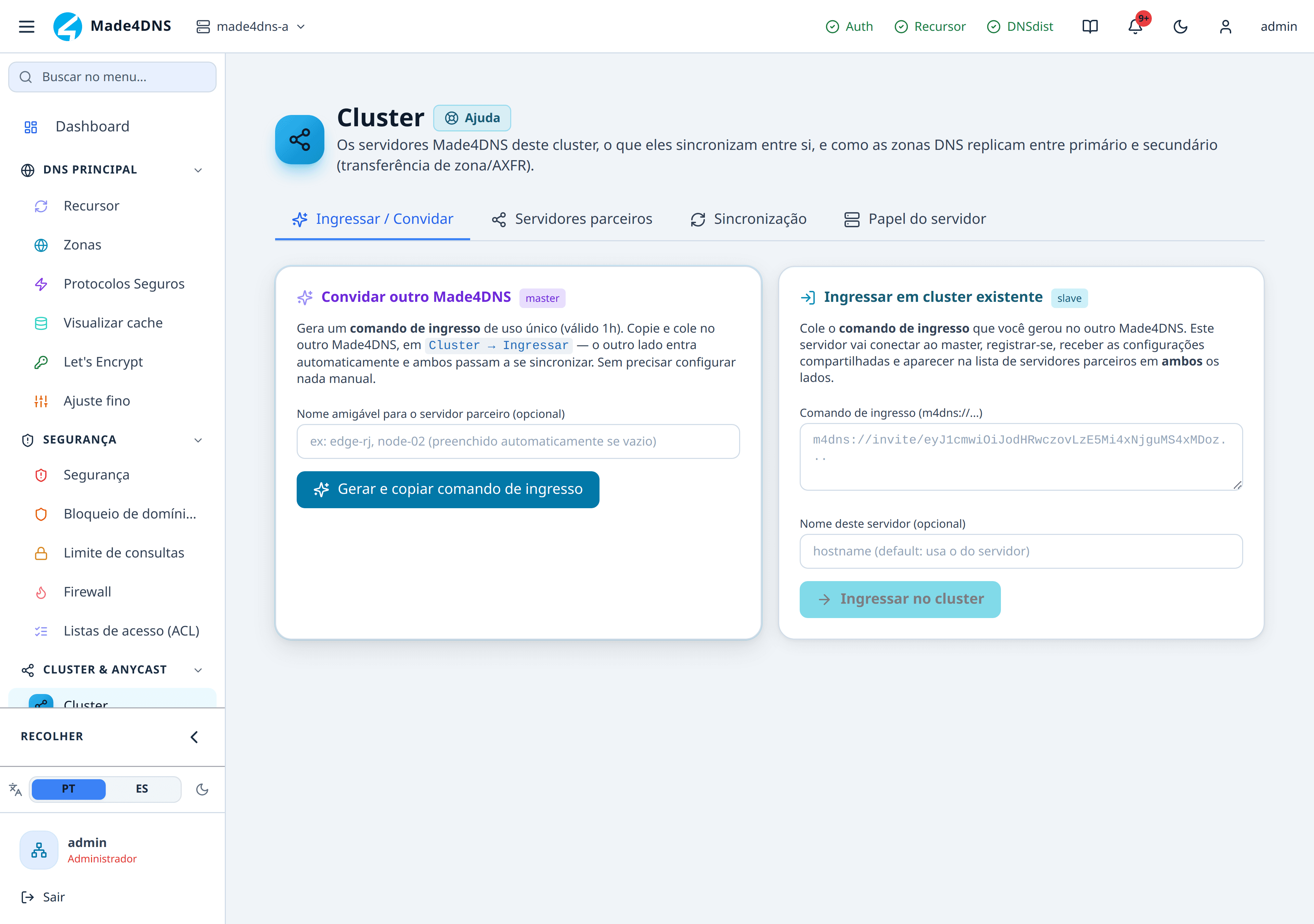 Tela de cluster na aba Ingressar / Convidar, com os cartões de convidar e de ingressar