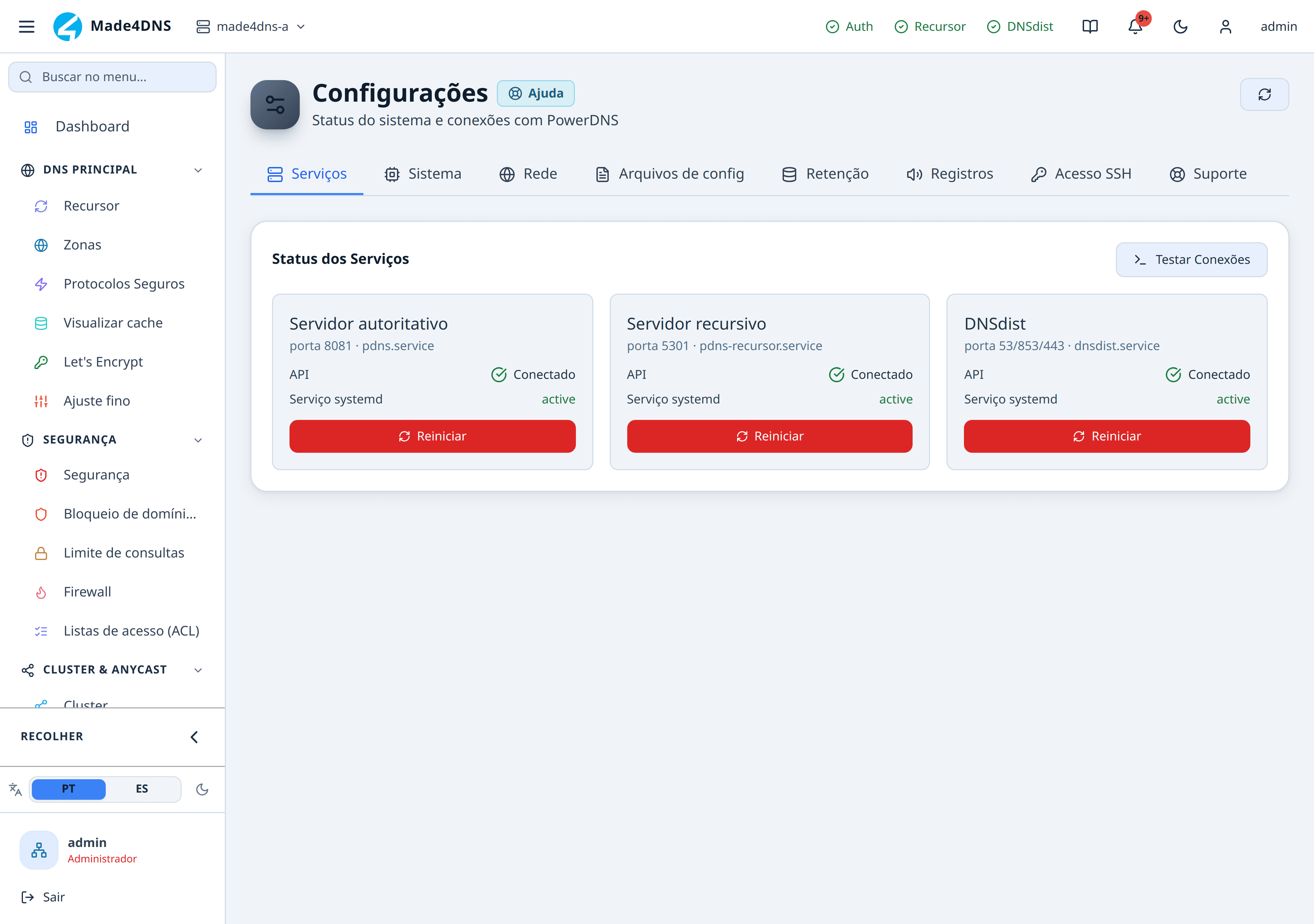 Tela de Configurações na aba Serviços, com os três cartões de estado e os botões de reinício