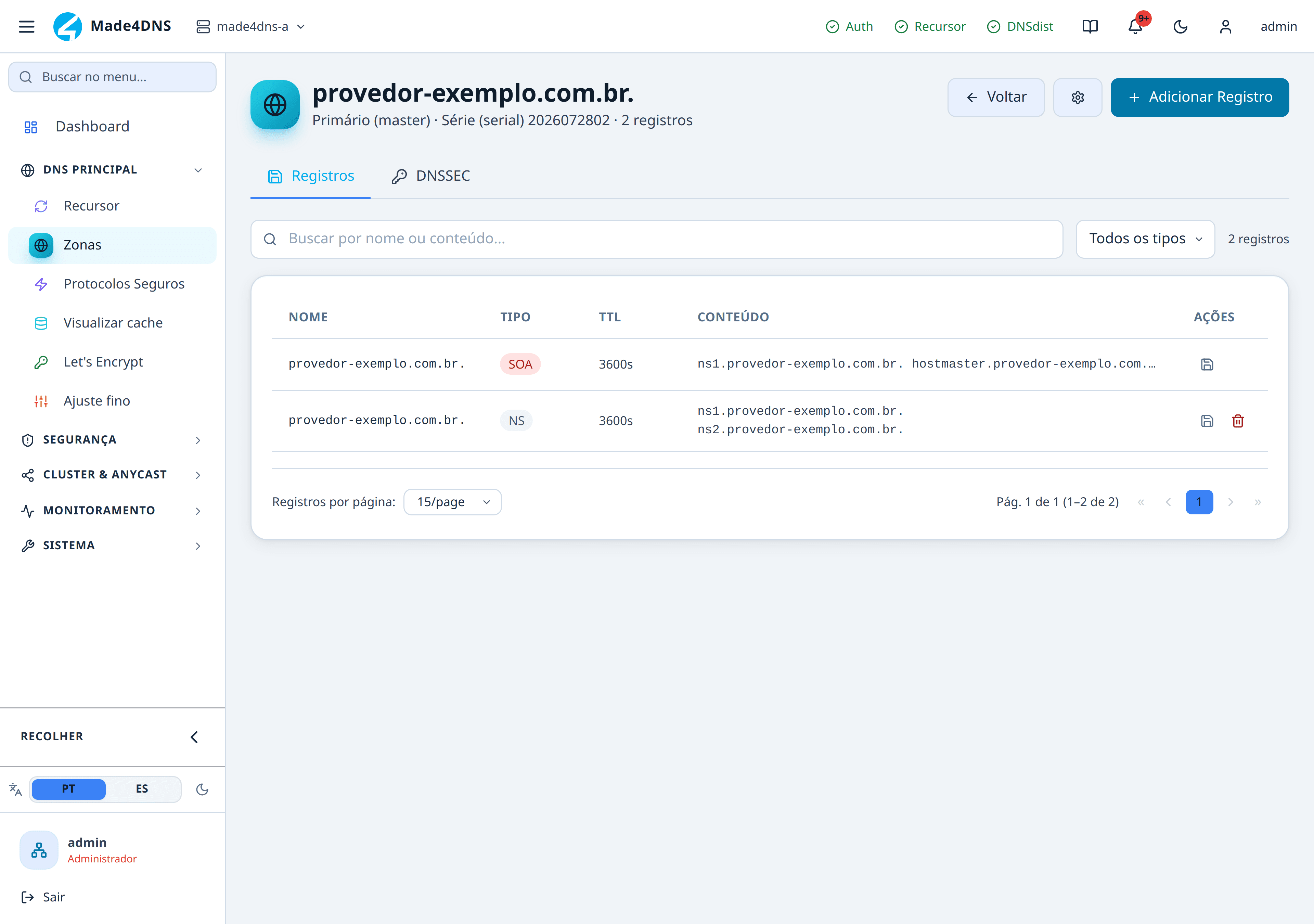 Editor de registros de uma zona, com a lista de registros e o seletor de tipo