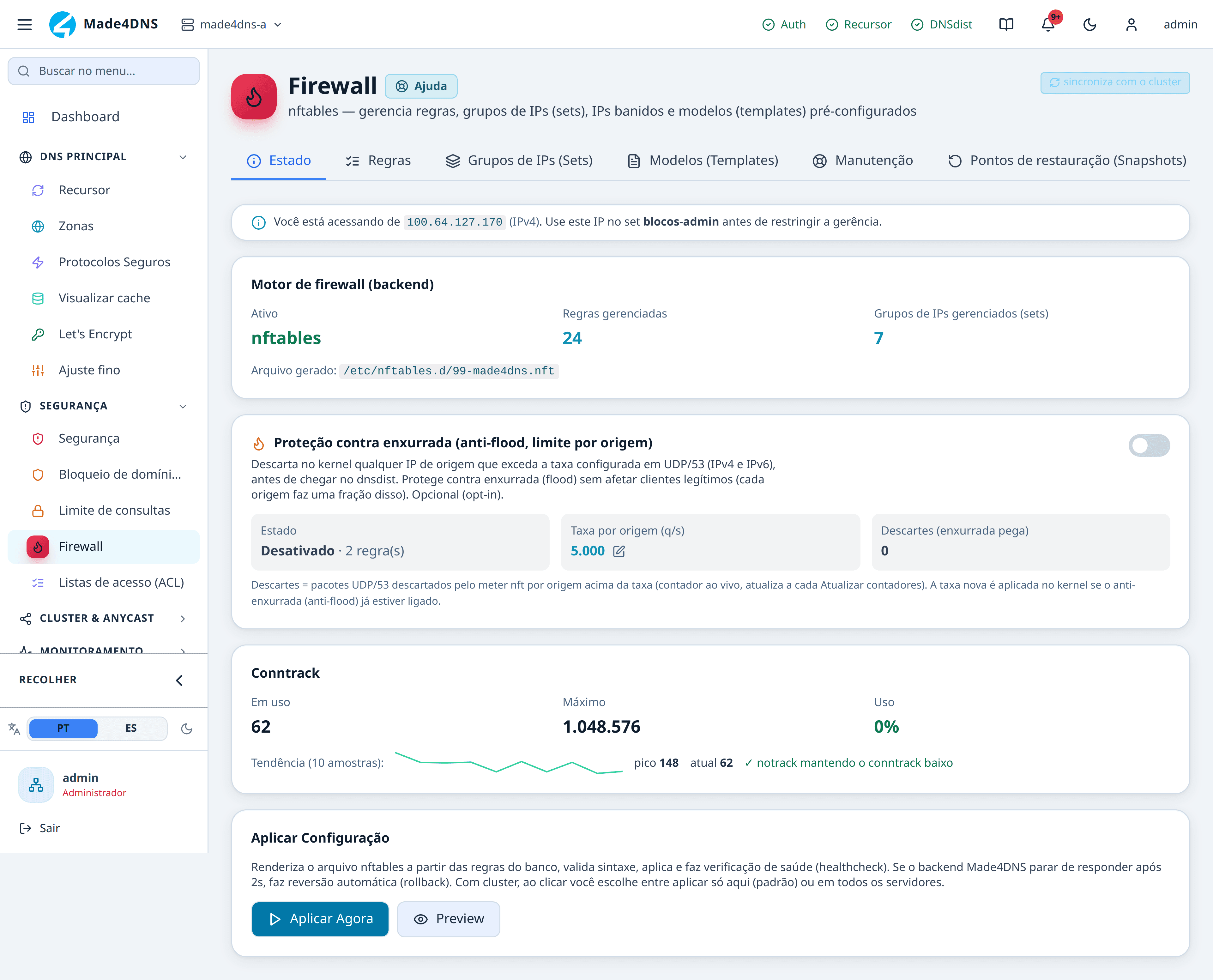 Tela de firewall com as abas de estado, regras, grupos de IPs, templates, manutenção e pontos de restauração