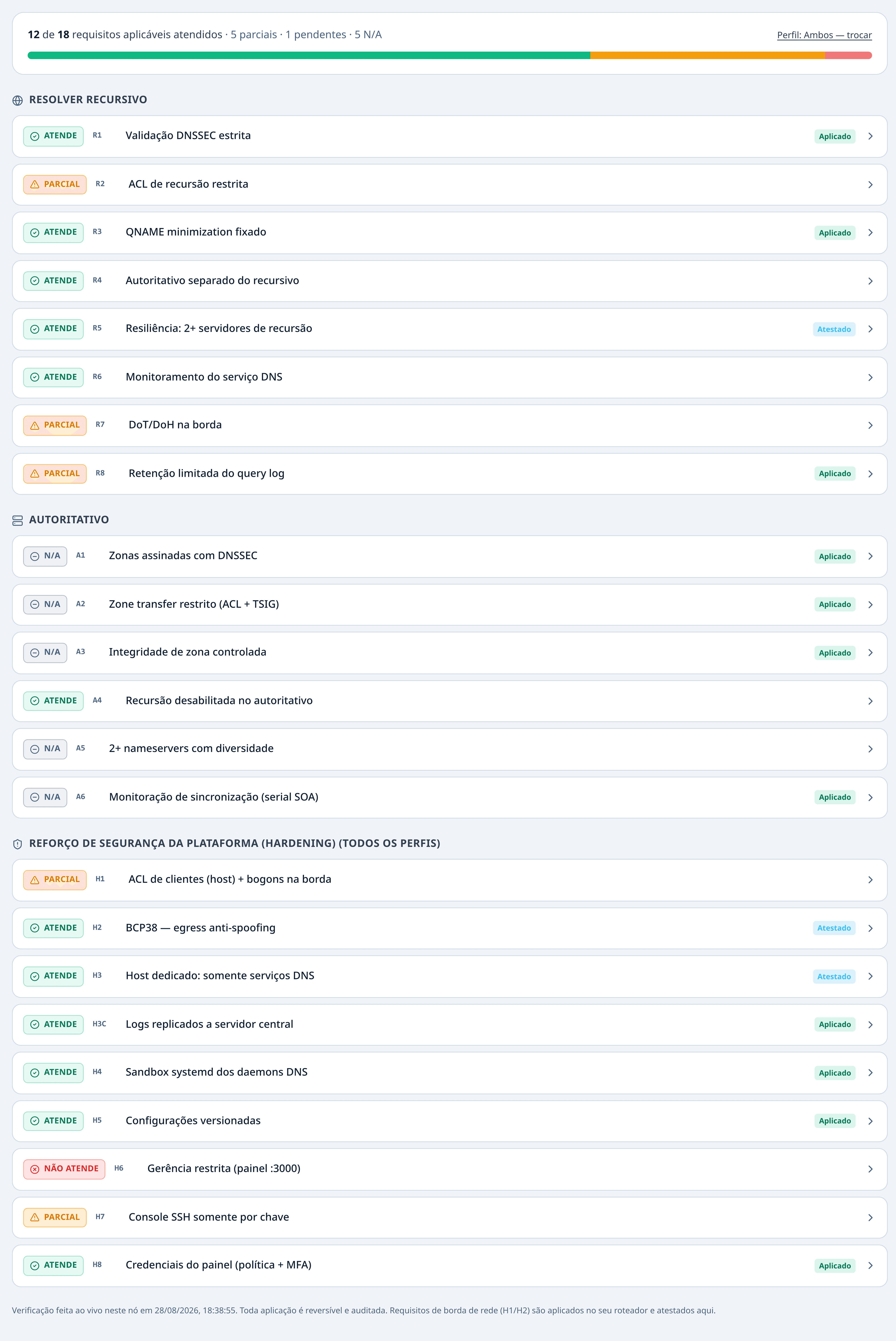 Resumo de adequação do KINDNS, com o placar e a lista de requisitos