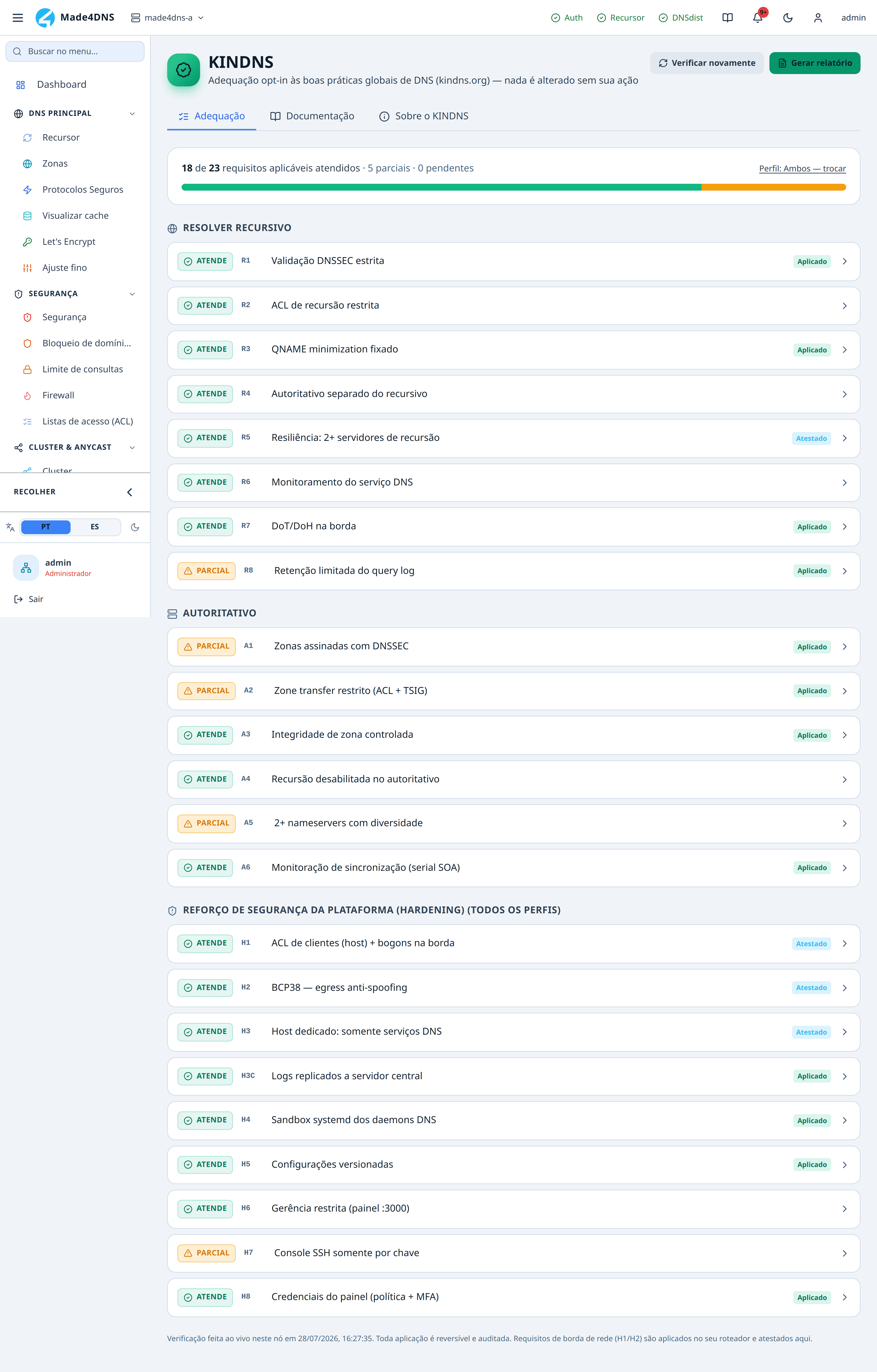 Tela KINDNS com o resumo de conformidade e a lista de requisitos por grupo