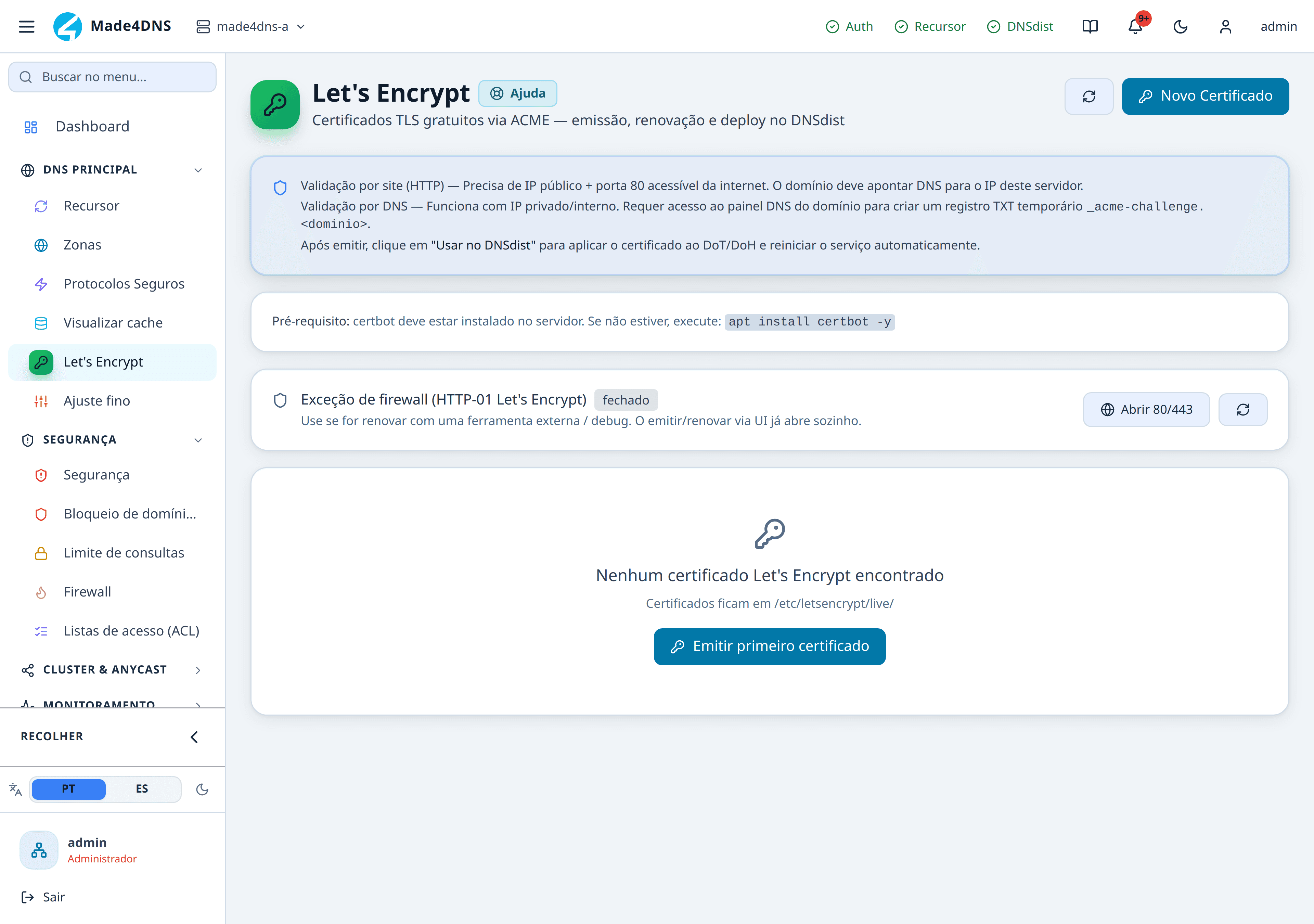 Tela do Let's Encrypt com os certificados emitidos e o prazo de validade