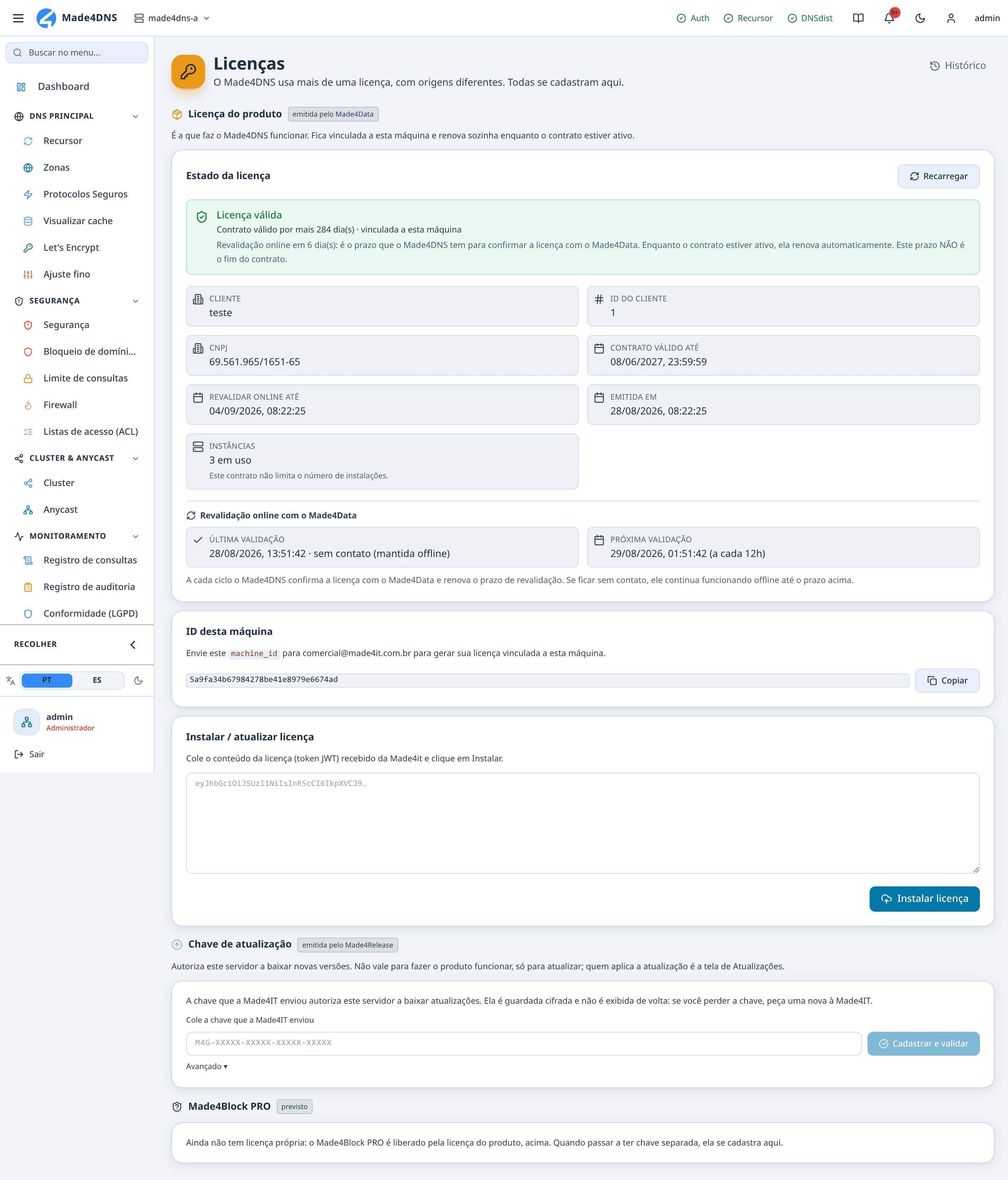 Tela de Licença mostrando estado válido, machine_id e data de validade