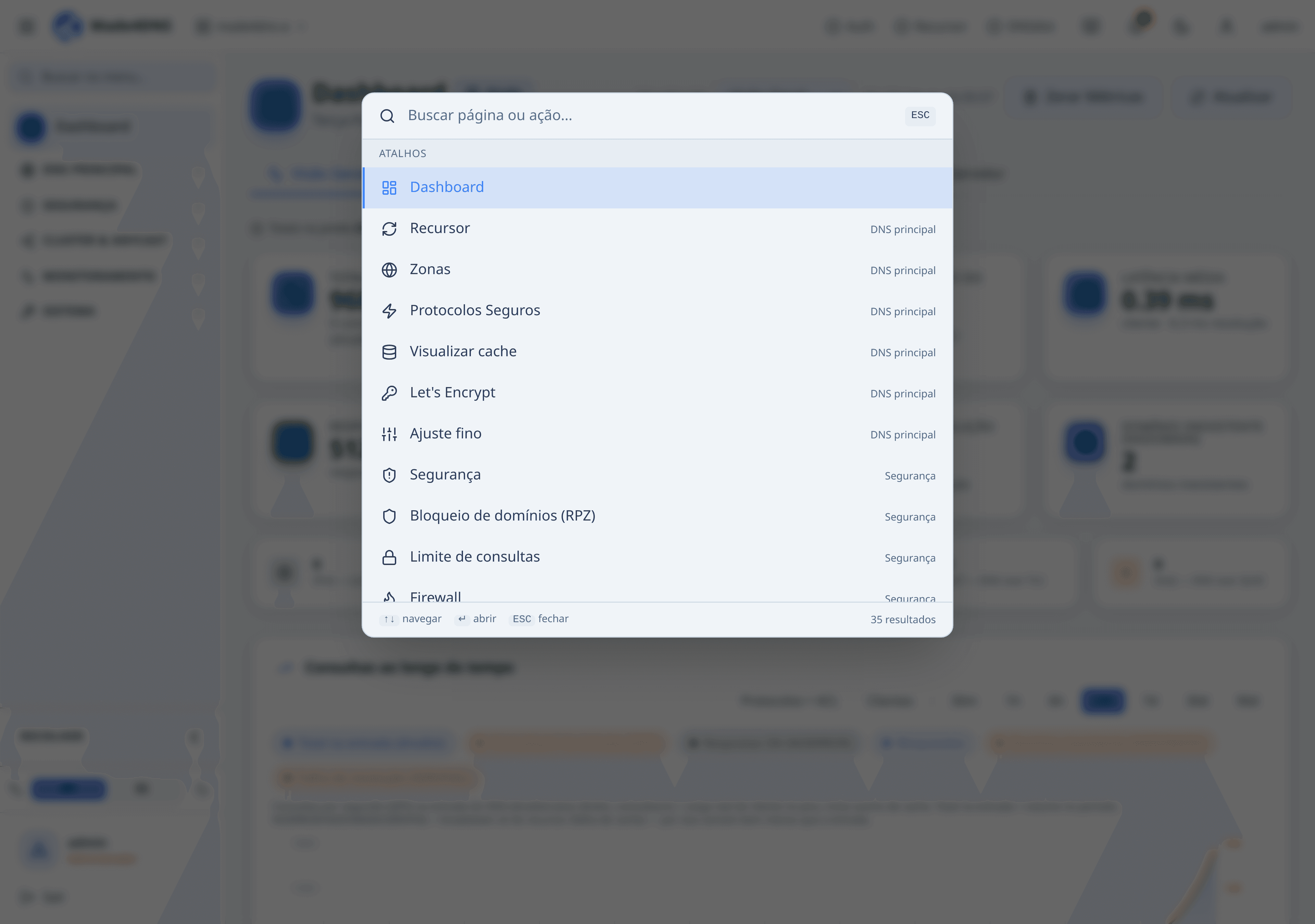 Paleta de comandos aberta com Ctrl+K, listando páginas do painel