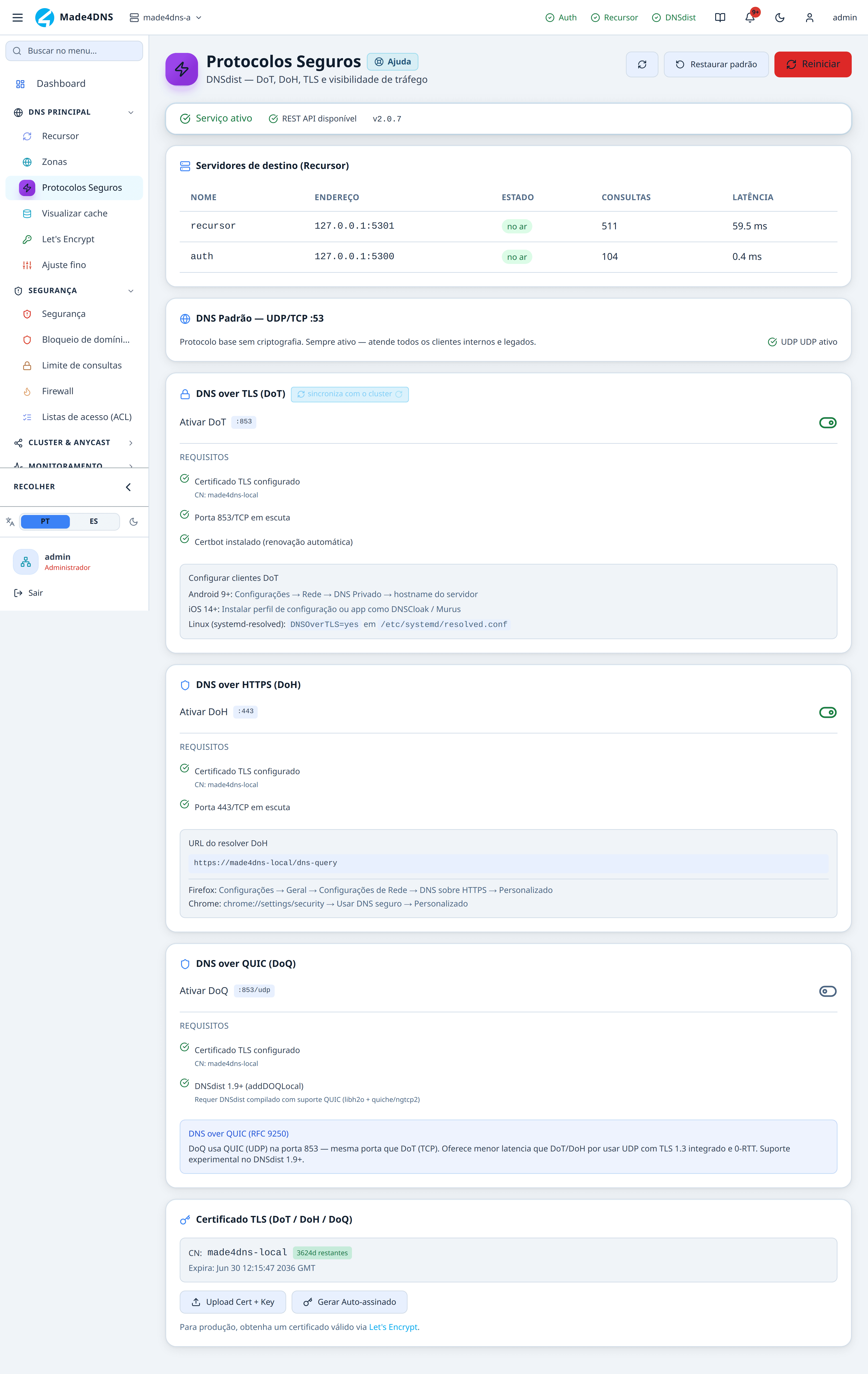 Tela de protocolos seguros com os interruptores de DoT, DoH e DoQ e o estado dos requisitos
