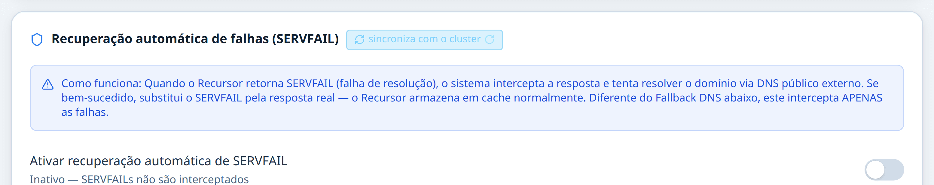 Bloco de recuperação automática de falhas, com os servidores de fallback e os limiares