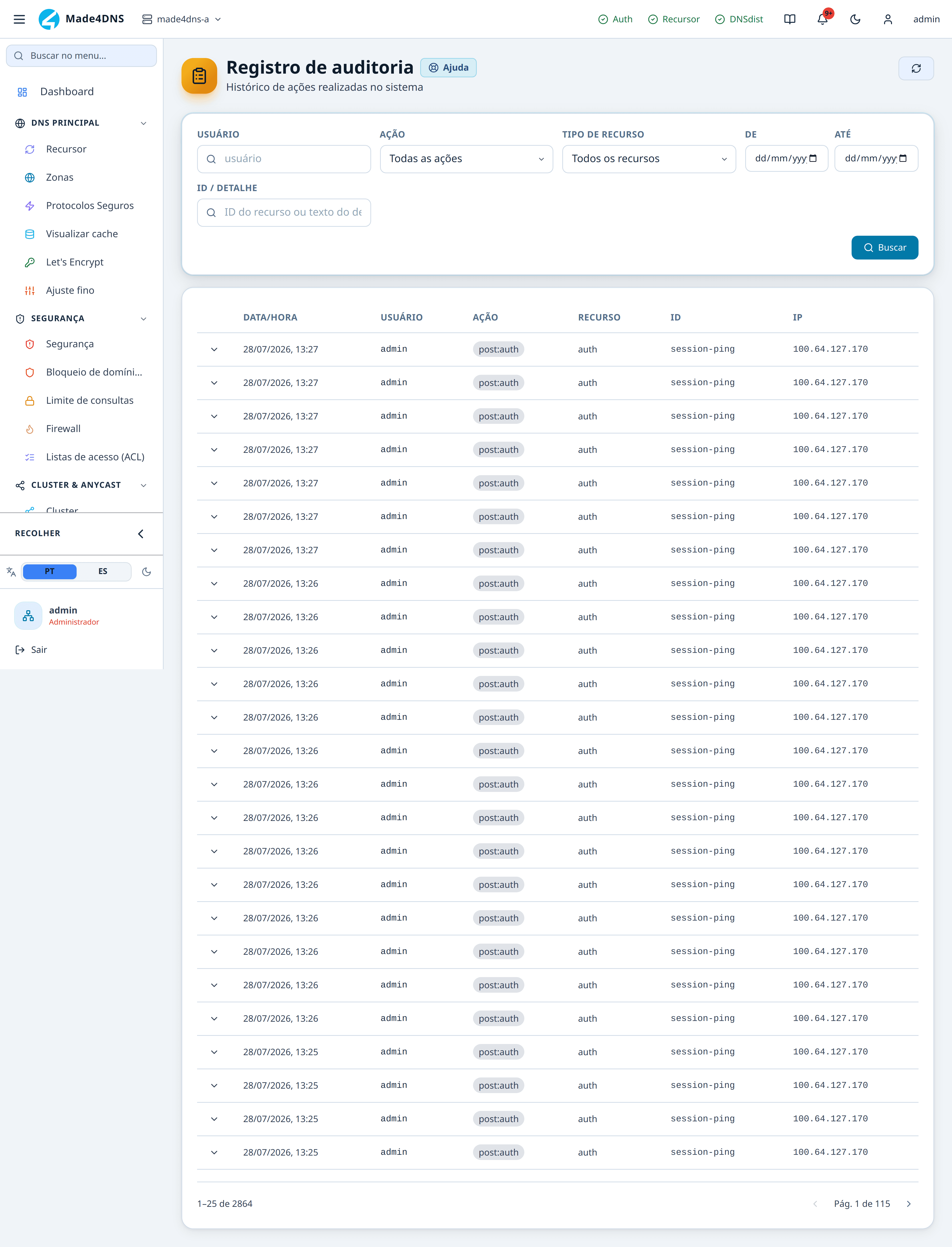 Registro de auditoria com os filtros e a tabela de ações registradas