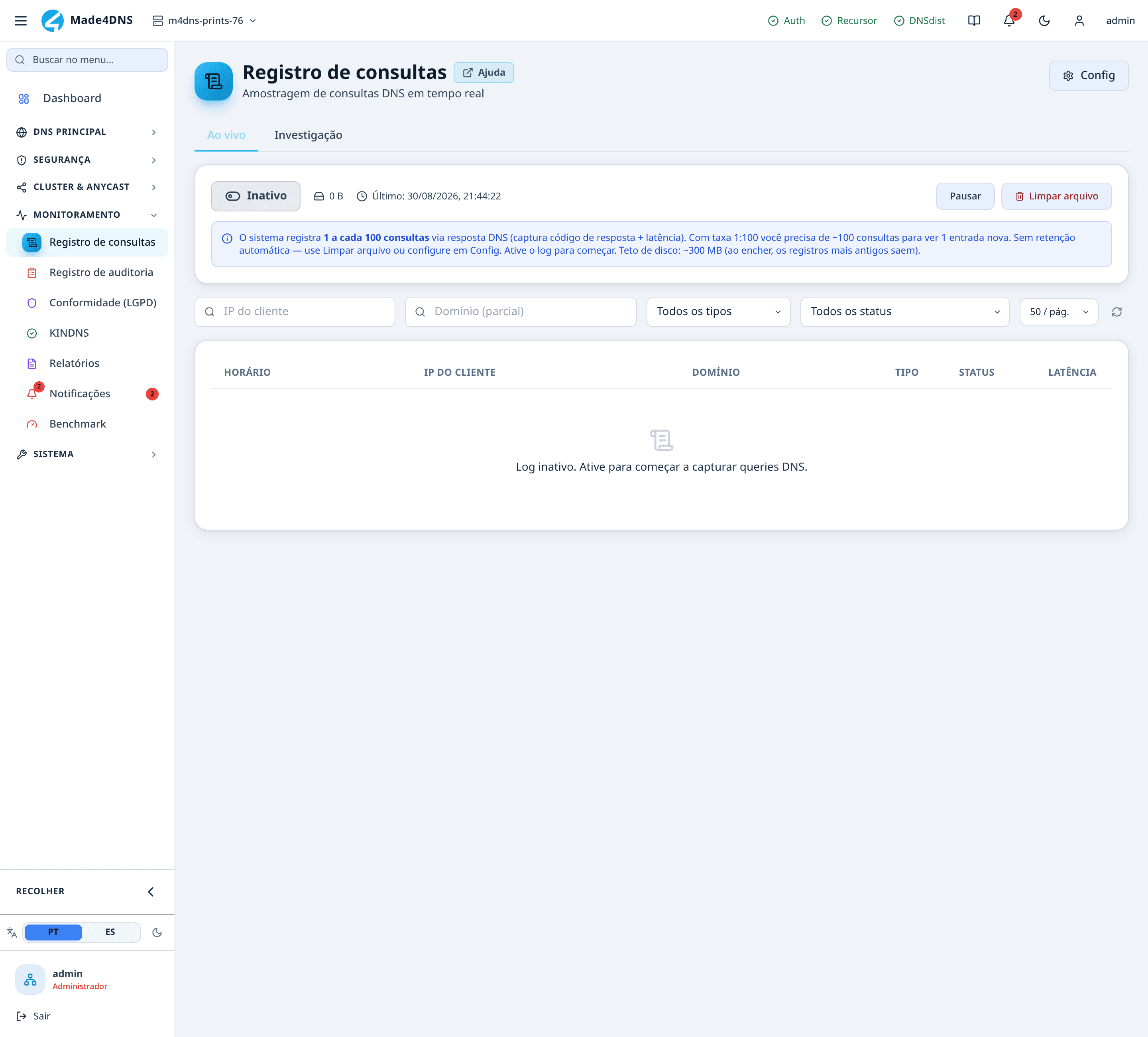 Registro de consultas: volume e padrão