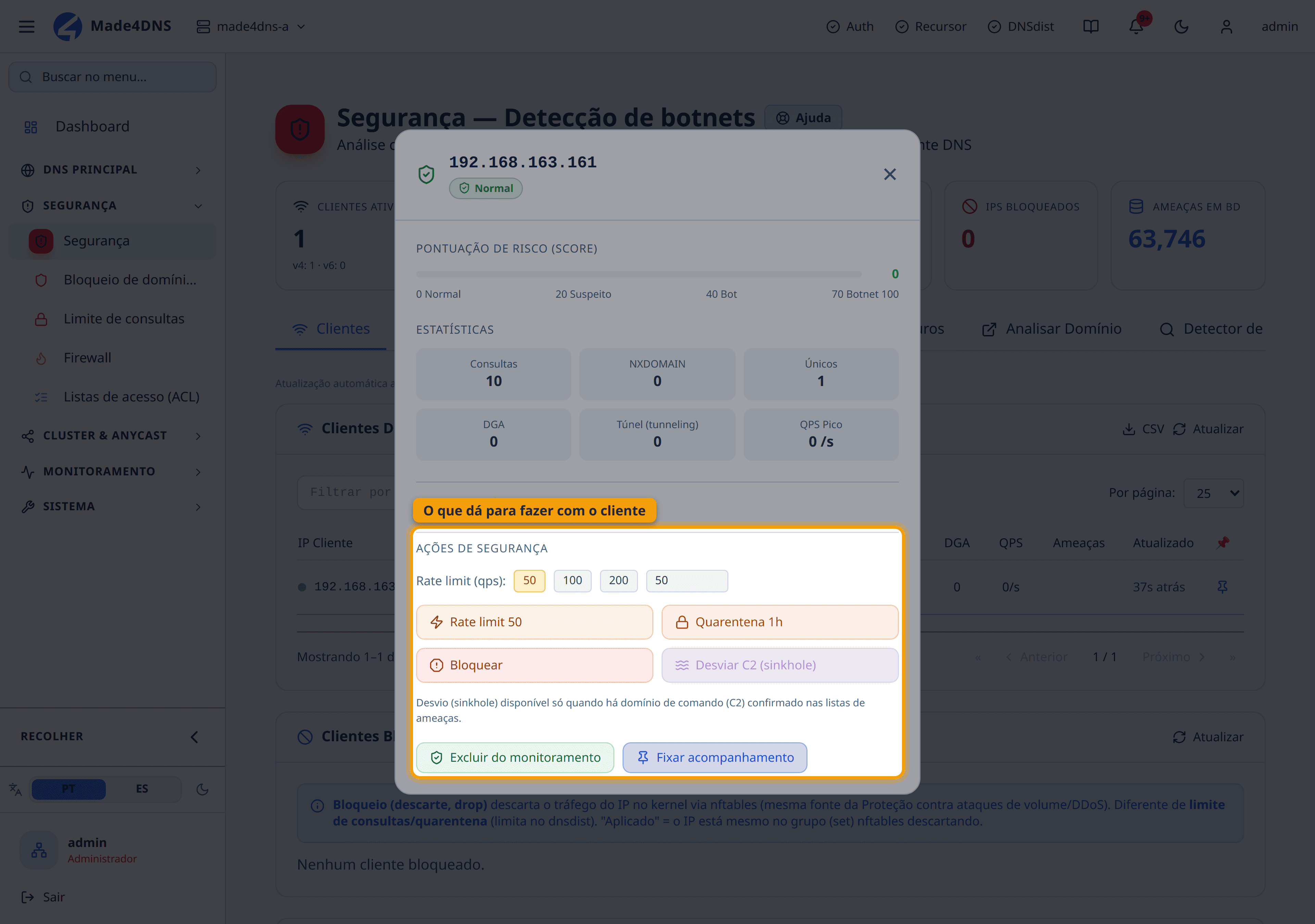 Decidir: as ações ficam no painel do cliente