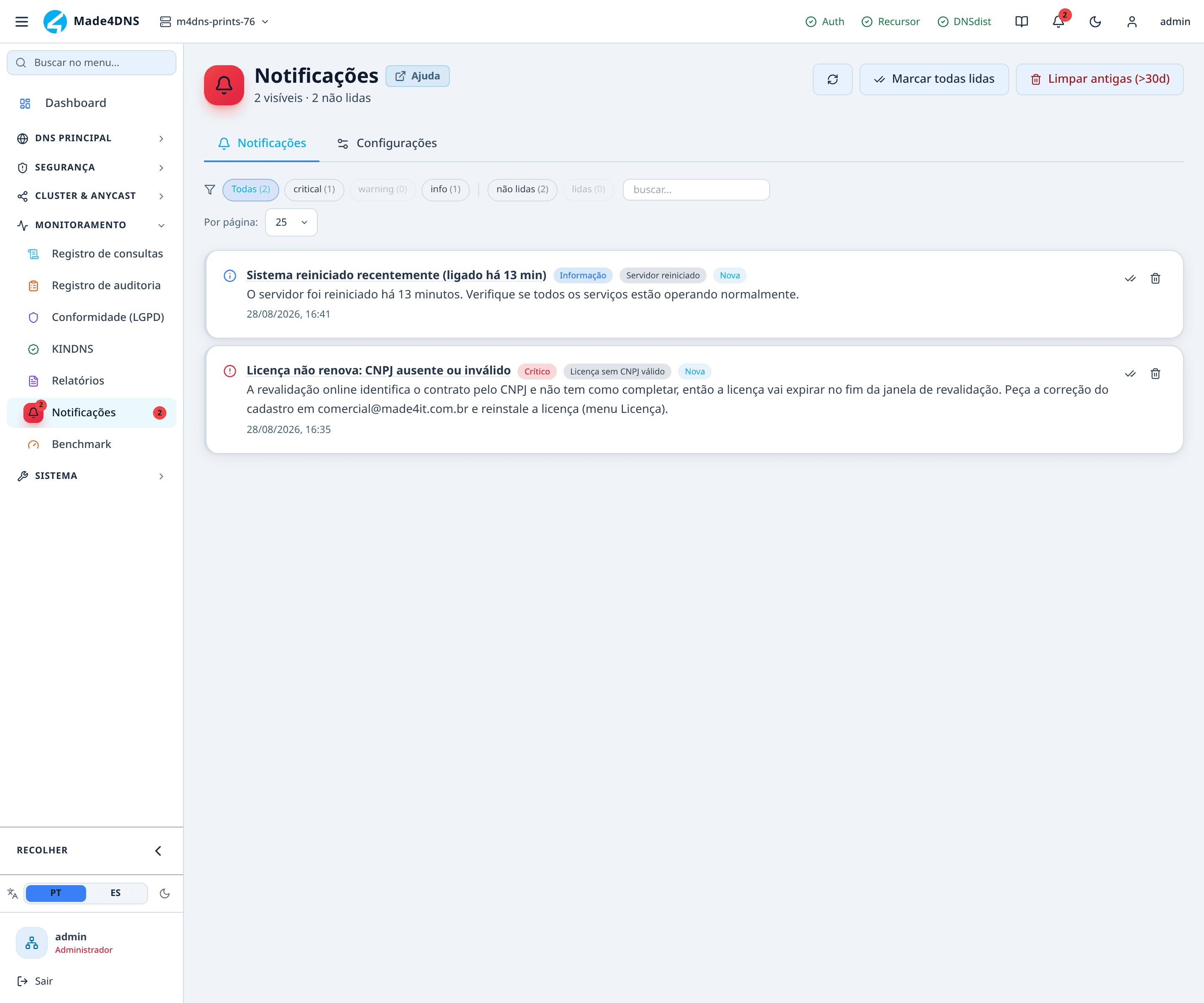 Monitoramento → Notificações