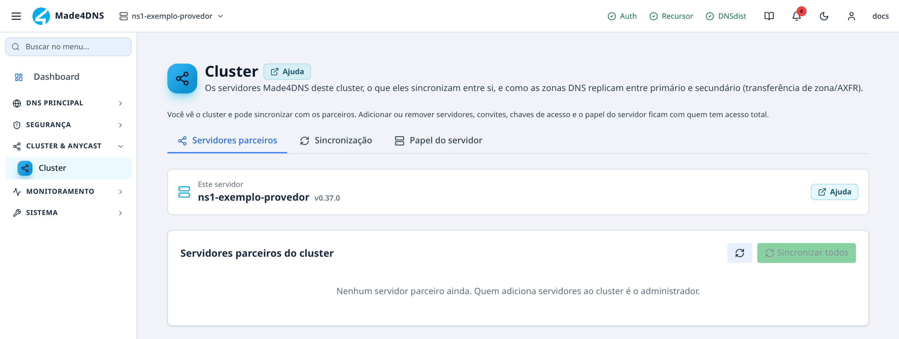 Tela de Cluster vista por um usuário com permissão de cluster mas sem acesso total