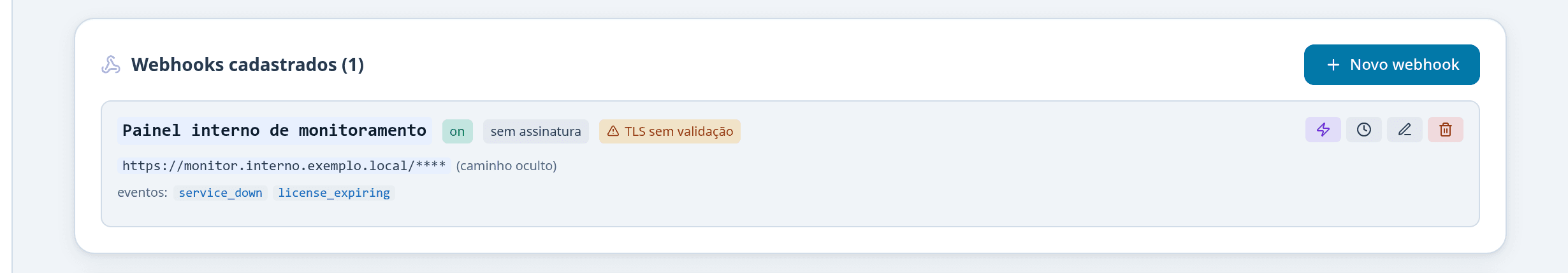 Editor de webhook com o checkbox Validar o certificado TLS do destino desmarcado, e o aviso correspondente
