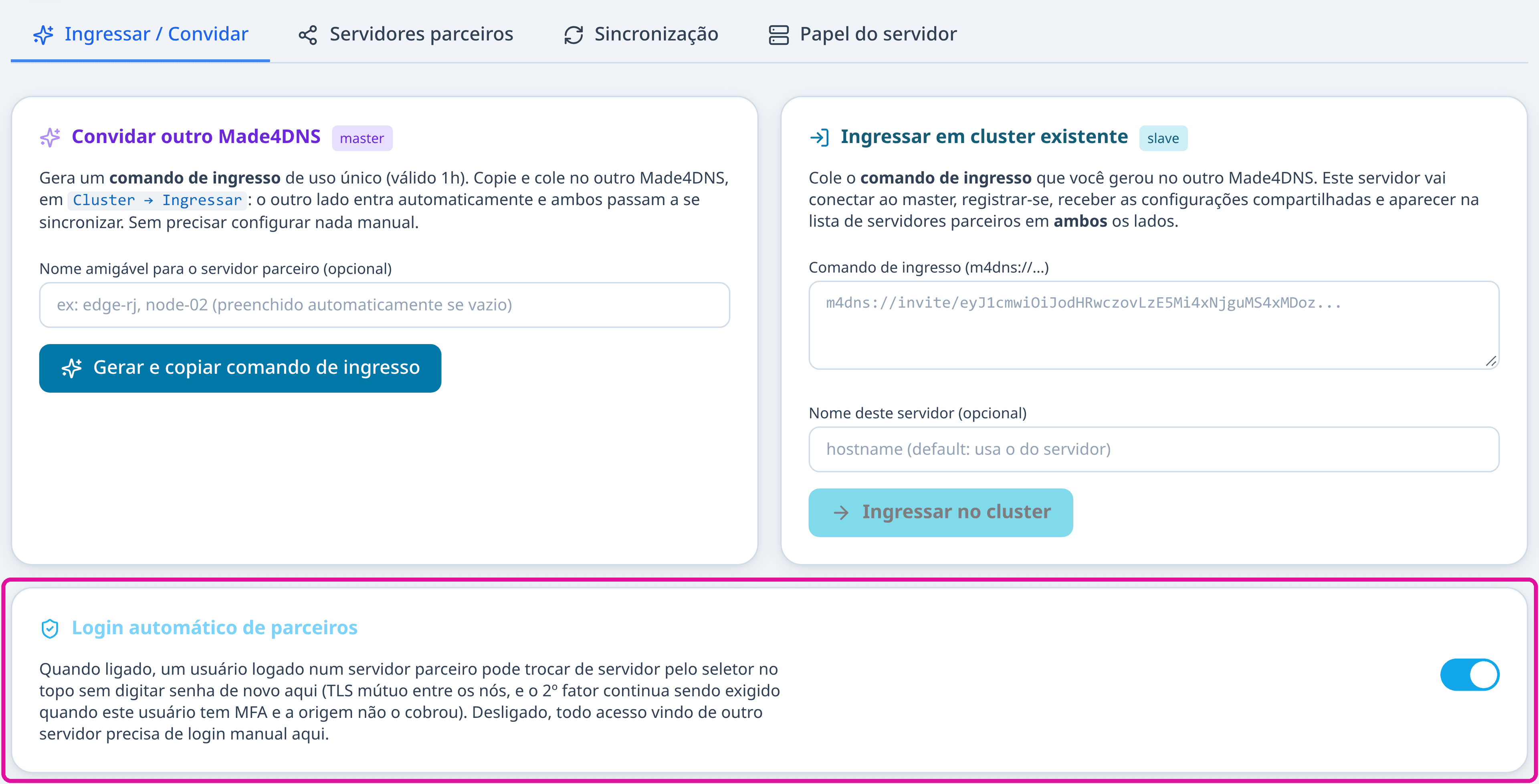 Página Cluster, aba Ingressar / Convidar, com uma moldura magenta em volta do cartão Login automático de parceiros e do seu interruptor