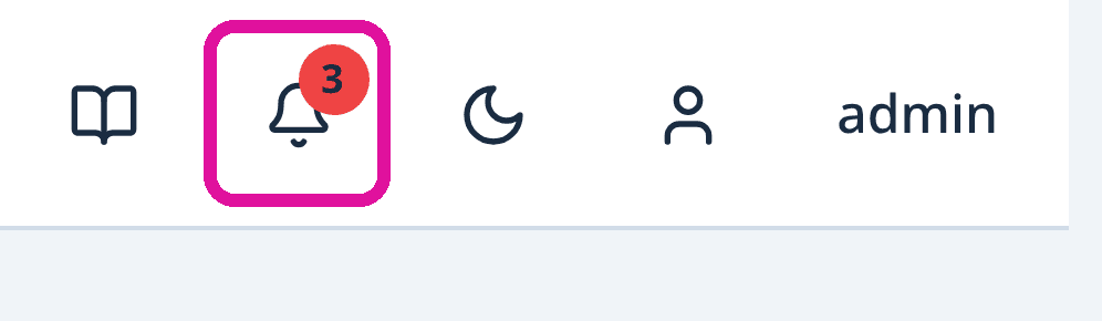 Canto superior direito do cabeçalho com uma moldura magenta em volta do sino de notificações e do contador de não lidas